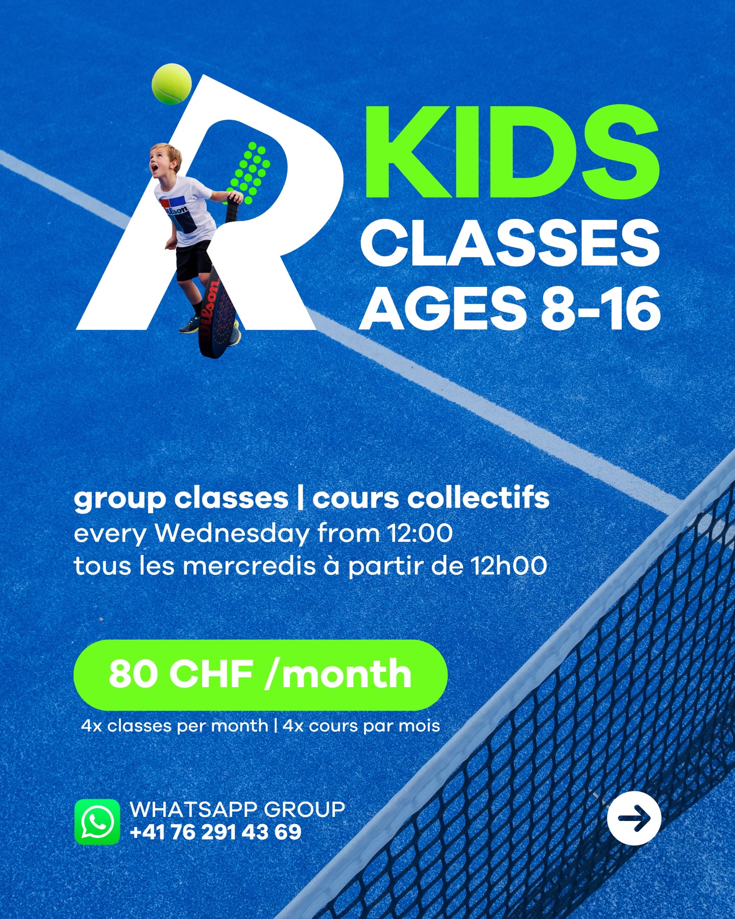 New year? ✨ New classes for kids! 🤩
Sign your kids up for our group classes every Wednesday afternoon. Padel is not only a fun hobby, but it will develop your kid’s coordination, agility and endurance 💪
Classes are booked monthly, ie. 80 CHF a month = 4x weekly classes.
Message Phil to join the “Kids’ Parents” WhatsApp group 📲
🎾🎾🎾
Nouvelle année ? ✨ Nouveaux cours pour les enfants ! 🤩
Inscris tes enfants à nos cours collectifs tous les mercredis après-midi. Le padel n’est pas seulement un loisir amusant, il favorise également la coordination, la souplesse et l’endurance de tes enfants 💪.
Les cours sont réservés au mois, soit 80 CHF par mois = 4 cours par semaine.
Envoie un message à Phil pour rejoindre le groupe WhatsApp « Kids’ Parents » 📲.
🎾🎾🎾
Neues Jahr? ✨ Neue Kurse für Kinder! 🤩
Melde deine Kinder für unsere Gruppenkurse jeden Mittwochnachmittag an. Padel ist nicht nur ein lustiges Hobby, sondern fördert auch die Koordination, Beweglichkeit und Ausdauer deiner Kinder 💪.
Die Kurse werden monatlich gebucht, d. h. 80 CHF pro Monat = 4x wöchentlicher Unterricht.
Schreib Phil eine Nachricht, um der WhatsApp-Gruppe „Kids’ Parents” beizutreten 📲.
#padel #classes #kids #padelswitzerland #valais