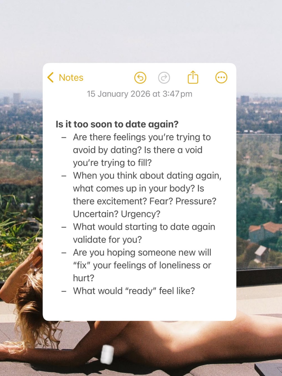 So you got your heart broken and there’s a new cutie on the horizon or maybe you’re thinking about jumping on the apps? 👀
Here are some reflection questions for ya courtesy of your fave relationship and s•x therapist who invites you to slow down and check in with what’s underneath the emotional hood. You don’t have to be “healed enough” but you do have to be aware enough
It is also totally ok if you feel like you can’t answer most of these questions with a neat and clean answer. Take them as data points for where you’re at and guidance to move a little slower 🪞