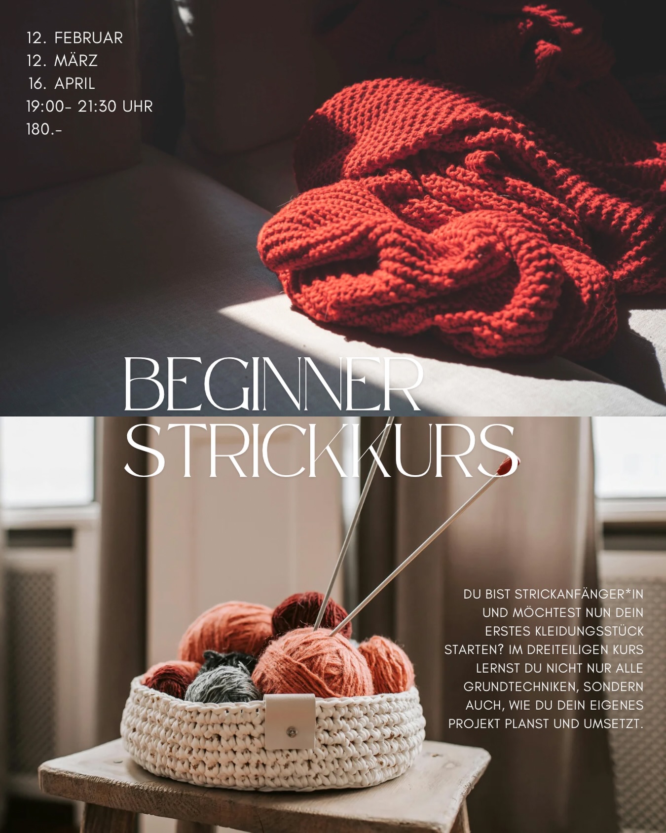 Im Februar startet ein neuer Beginner-Strickkurs. An drei Abenden lernt ihr die Basics des Strickens und startet euer eigenes Projekt.
Da jede Person ihr persönliches Projekt auswählt, entsteht eine schöne Vielfalt. So können alle voneinander profitieren und drei gemütliche wie auch lehrreiche Abende miteinander verbringen.
Der Kurs richtet sich an komplette Anfängerinnen und Anfänger, an alle, die schon lange nicht mehr gestrickt haben, sowie an jene, die sich gerne einmal an ein grösseres Projekt wagen möchten.
#fibreatelier
#fibreatelierkurs
#startknitting
#knittingwinterthur