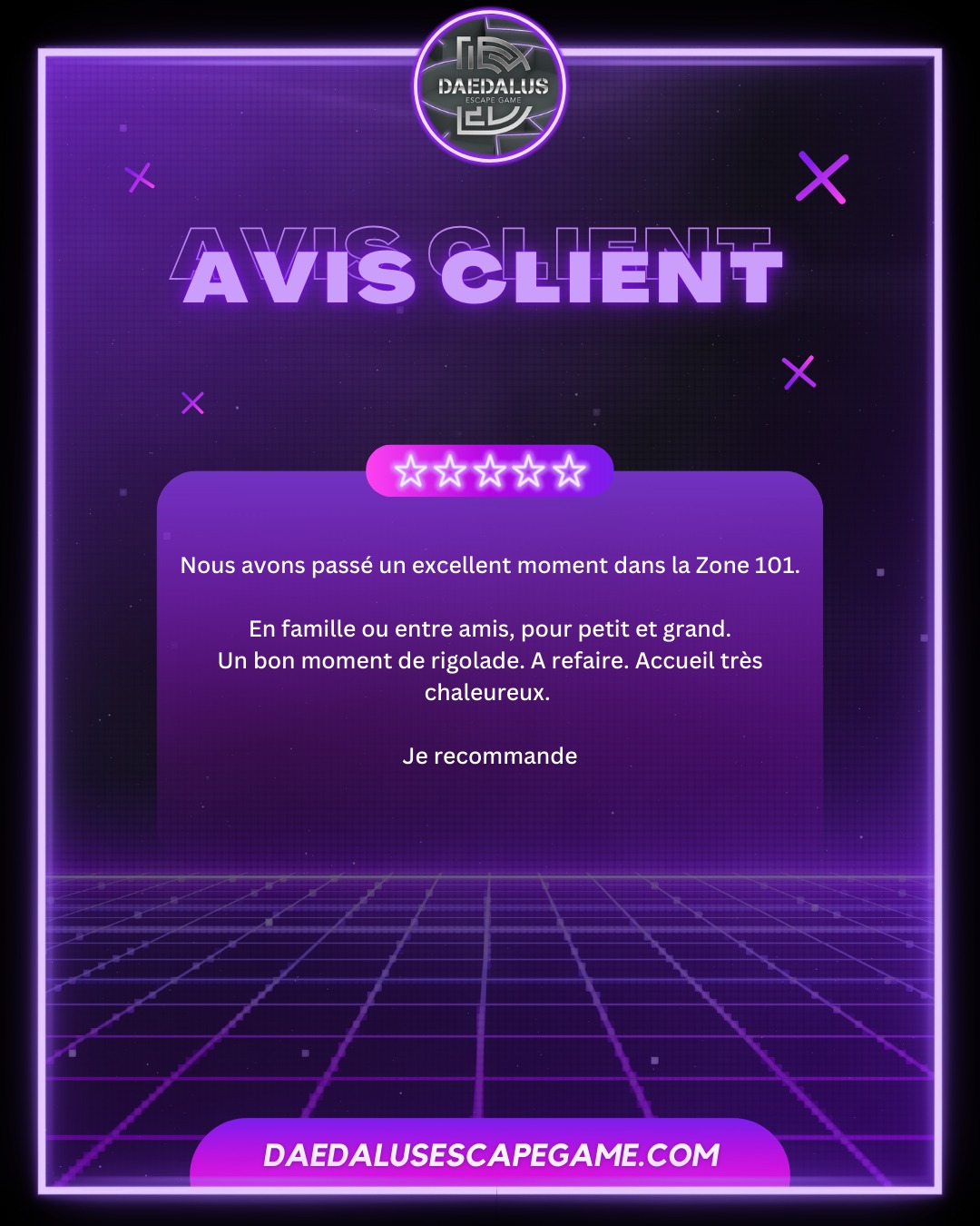 💬 𝗔𝗩𝗜𝗦 𝗖𝗟𝗜𝗘𝗡𝗧 💬
Vous savez ce qui nous passionne autant que nos énigmes ?
✨ 𝓥𝓸𝓼 𝓪𝓿𝓲𝓼 ✨
L'équipe Daedalus vous remercie grandement pour votre soutien ! 💜
__________________
🌐 https://f.mtr.cool/wjyweumgxg
📱 0633447032
☎️ 0984483171
#escape #escapegame #escaperoom #parcours #loisirs #jeu #jeux #blois #loiretcher #famille #amis #ami #barajeux #loire #jeudesociete #valdeloire #chateaudelaloire #loireavelo #bloismaville #valducher #sologne #vendome #sortiren41 #bloischambord #bloiscity #maisondelamagie #visiteblois #bloistourisme #avis