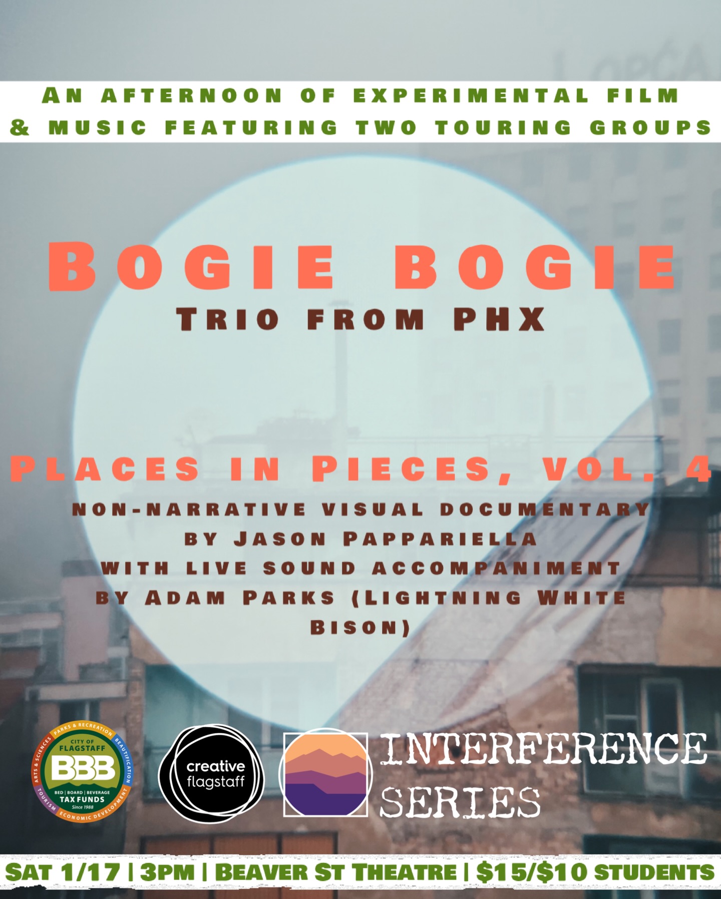 Today! 1/17 matinee show at @beaverstreettheatre !
Featuring Bogie Bogie @bogie.phx and Adam Parks (Lighting White Bison) with film by Jason Pappariella.
Come on out!