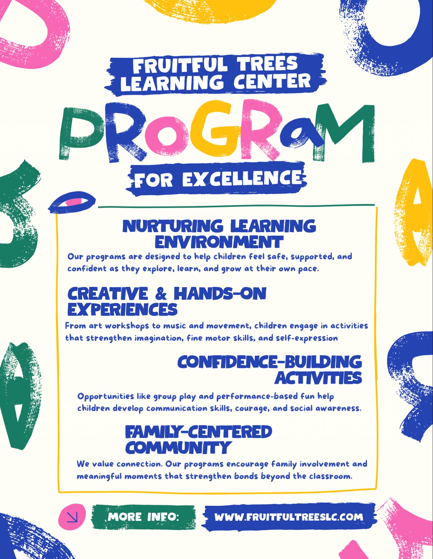 🌱 Growing little minds for a bright future 🌱
At Fruitful Trees Learning Center, excellence looks like small class sizes, caring educators, and intentional routines that allow every child to feel seen, supported, and confident. 💙
Our program focuses on:
🖍 Creative & hands-on learning
📚 Early literacy & number recognition
🤝 Social & emotional development
🎭 Confidence-building group activities
👨👩👧 Family-centered connection
We meet children where they are and guide them forward at their pace — building strong foundations that last far beyond the classroom. ✨🌳
Because when children feel safe and encouraged, they flourish.
Enroll with us today for a better future for your most precious gift!