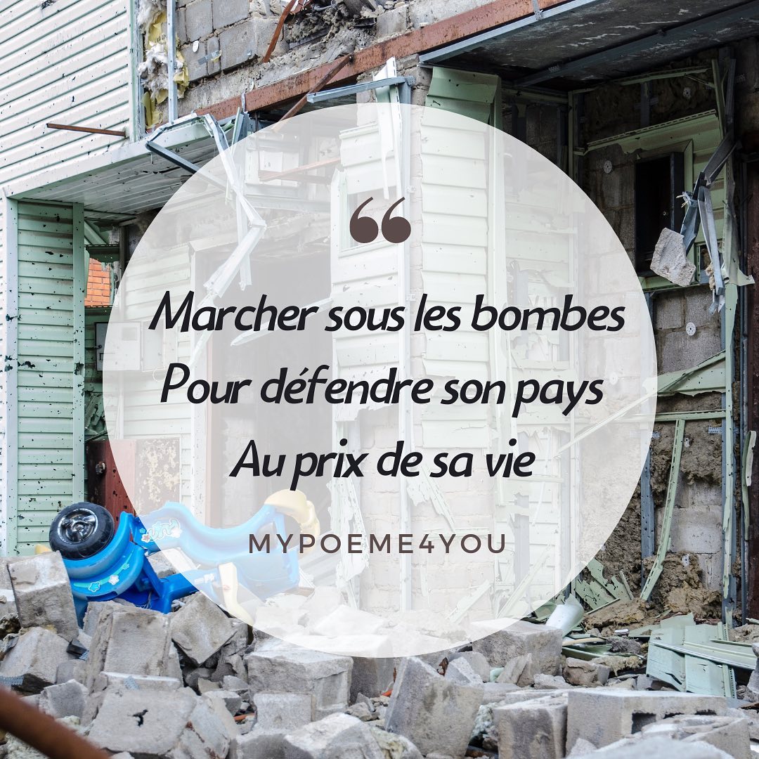 Soutien à nos amis #ukrainiens
Marcher sous les bombes
Pour défendre son pays
Au prix de sa vie
#mypoem4you
#poesies #poesie #poemes #poeme #haikulover #auteur #auteure #ecrits #ecriture #haijin #senryû #hesdin #writersofinstagram #auteurinstagram #authorsofinstagram #recueilhaiku #haikufrancais #basho #ukraine
