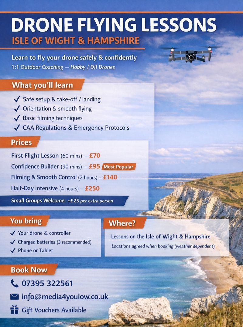 We offer flying lessons!
For those who are wanting to buy a drone, or already have one but aren't confident to fully take advantage of what it can do, we offer a 1:1 Hobbyist flying lesson to improve your confidence and skills.
This can be great as a Gift, or for yourself. If you've already got a drone and would like to book, please contact us via email to arrange a date, or to ask further questions. For those yet to purchase a drone, please don't hesitate to contact us to ask questions about which drone to get! Although we don't sell drones, we know the industry and can point you in the right direction of what to buy!
These lessons are available for ages 8+ with parental supervision and support, 13+ without parental supervision, or 18+ 1:1 flights, as per the CAA Regulations.
Our company CAA operating ID Is GBR-OP-LYKXRCTN8YDY
#isleofwight
#isleofwightdronelessons
#flyinglessons
#drones
#dji