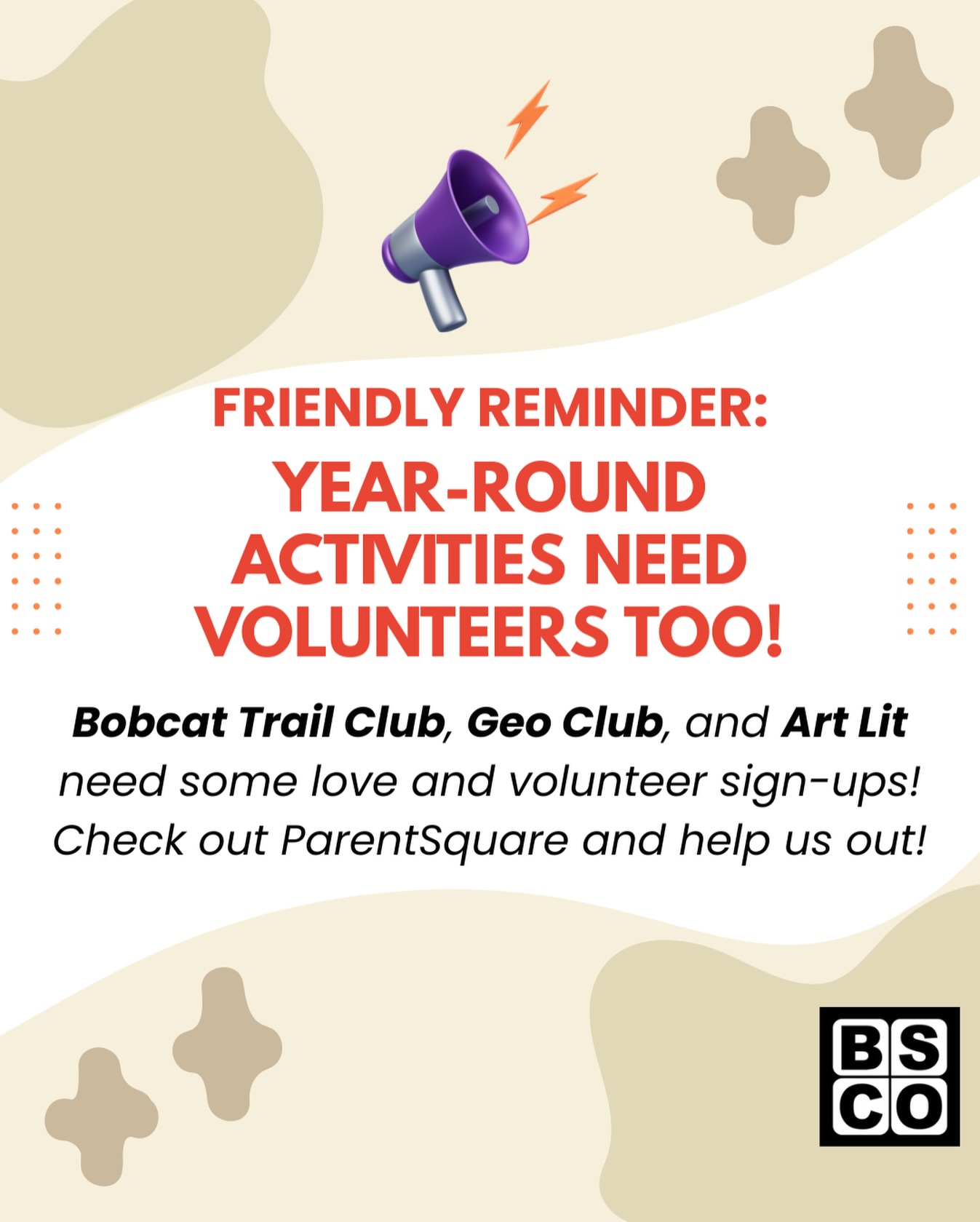 We are lucky to be able to offer year-round activities like Bobcat Trail Club, Geo Club, and Art Lit! But we do need volunteers year-round to keep them running ๐ Donโt forget about these and keep signing up for shifts in ParentSquare! ๐