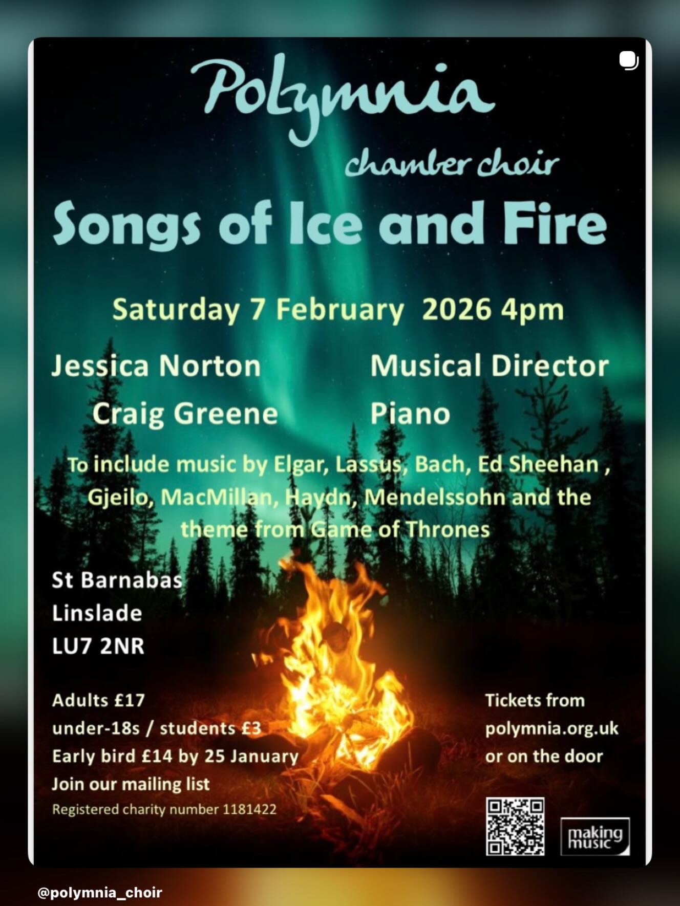 Brighten the dark days of winter with a sparkling selection of choral music from a huge range of genres, including the stunning ‘O Radiant Dawn’ by James MacMillan. We guarantee that there will be at least one piece that you have never heard before! Get a £3 discount on your ticket when you order by 25 January.
https://www.ticketsource.co.uk/whats-on/waterloo-road/st-barnabass-church/songs-of-ice-and-fire/e-bbpoke
@jessicanortonvocals