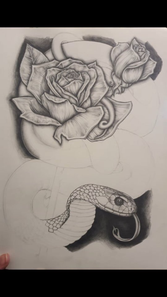 Tried Tick Tock photo montage for the first time... It's pretty fun for showing progress shots of sketches... you can see how I rendered this drawing section by section!
I do love this sketch, which I originally designed as a snake and rose tattoo I'd like to get one day... 😅🥰 but only when I deserve it! 🥰