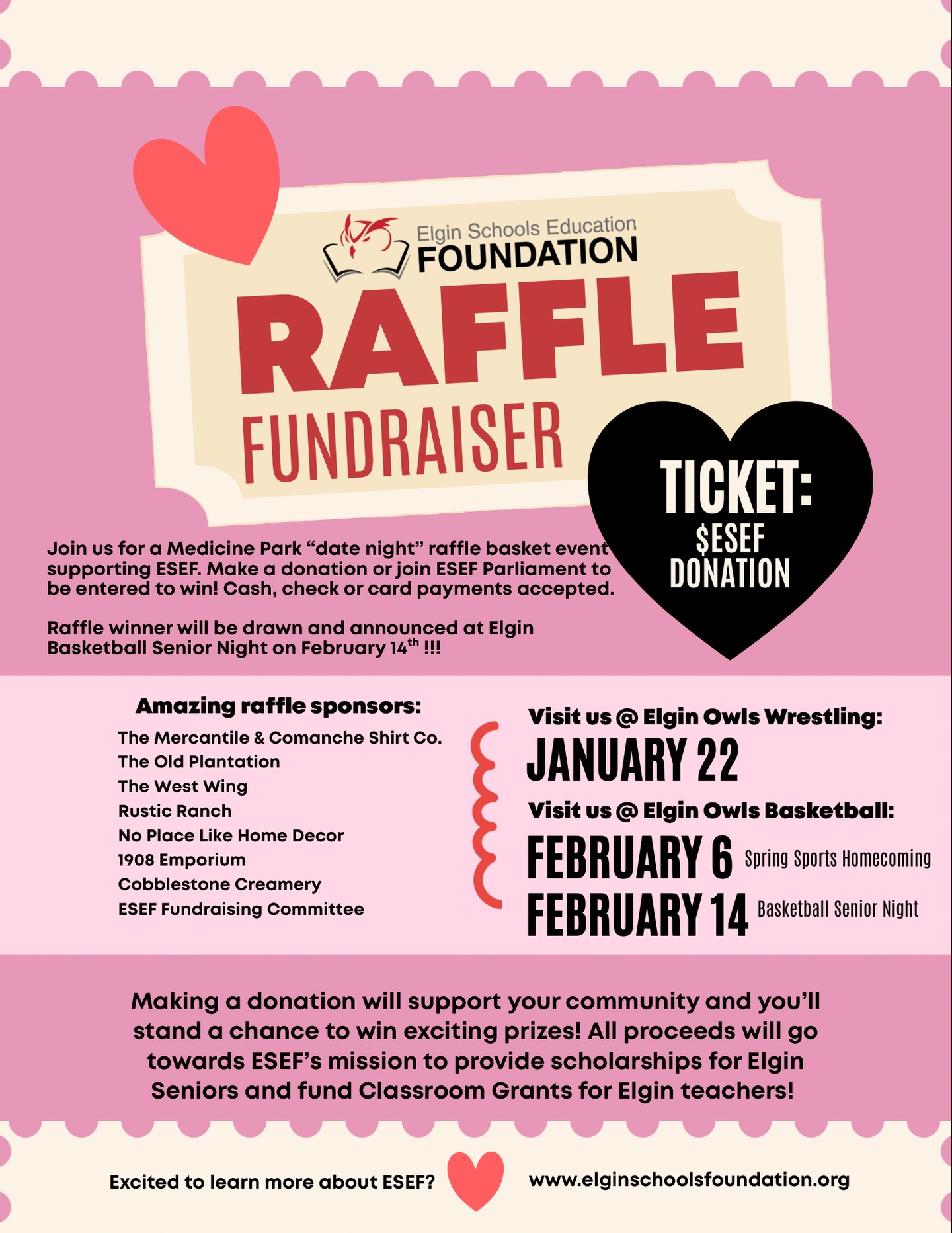 We had so much fun last time we decided to do it again… it’s RAFFLE TIME!!!📣
Make sure to come visit our table at ELGIN WRESTLING (1-22), & at Elgin Basketball on HOMECOMING (2-6) and on SENIOR NIGHT(2-14)!!! We’ll be set up in the lobby, ready to take your donation to be entered to win a “Date Night” basket overflowing with goodies from our generous Medicine Park & Elgin businesses and donors. 🙏🏼
Make a one time donation or sign up to be a member of ESEF Parliament or make monthly recurring donations to support our mission to bring classroom grants and scholarships to EPS Faculty and Seniors! If you sign up or make a donation you’ll be entered for a chance to win out this incredible basket filled with all these great prizes! 🙌🏼
You have THREE opportunities to enter to win. Our drawing will be held on the last event, Elgin Basketball Senior Night on February 14th! 🏀