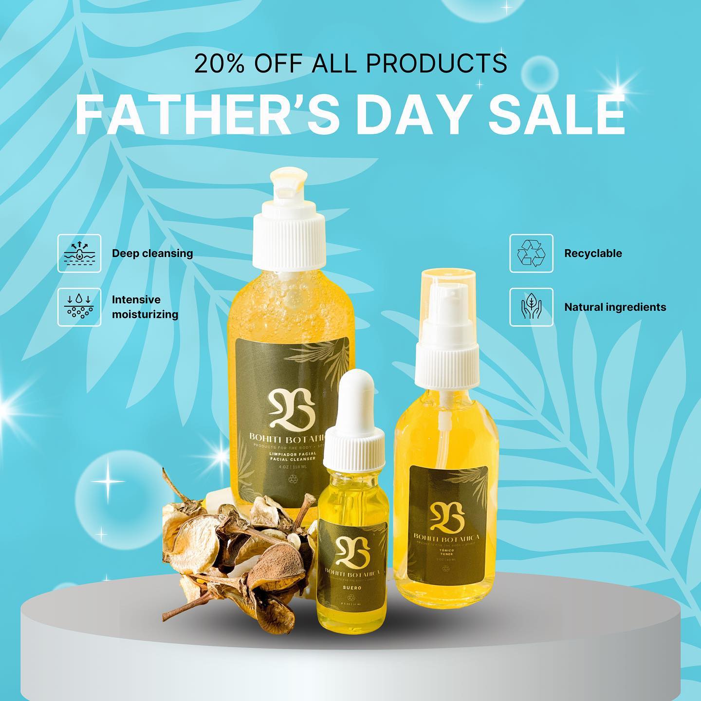 🌿💚 Father's Day Sale! Get 20% off on all our natural skincare products at Bohiti Botanica! 💚🌿
Pamper your dad with the gift of nature this Father's Day. Our organic and cruelty-free skincare collection is designed to nourish and revitalize the skin, providing a refreshing experience like no other.
🌱 From invigorating facial cleansers to soothing beard oils, our products are carefully crafted with botanical ingredients to bring out the best in your dad's skin. Give him the self-care he deserves!
Tag someone who would love this offer and spread the word! 👨👧👦💚
#FathersDaySale #NaturalSkincare #BohitiBotanica #GiftsForDad #OrganicSkincare #SelfCareSunday #CrueltyFreeBeauty #NourishYourSkin #BeardGrooming #GlowingSkin #ShopLocal #SkincareRoutine #Discounts #SkincareCommunity #FeelGoodSkin #TreatYourself