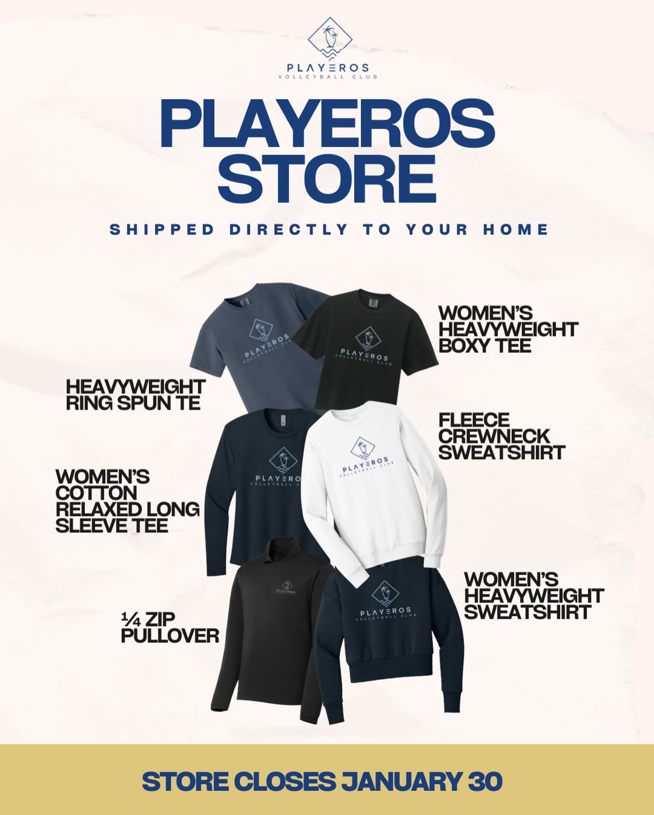 Our online store is live! View the link in our bio for full access to our apparel.
Please note that the store will be closing on January 30th, so you have approximately two weeks to place your orders!
All items will be shipped directly to your home, making it easy and convenient to gear up. Donโt miss this opportunity to show your Playeros team spirit and support us at our upcoming tournaments!
Thank you for your continued supportโwe canโt wait to see you representing! ๐
#playerosvolleyballclub #volleyballclubmiami #teamstore #volleyball volleyballappare
