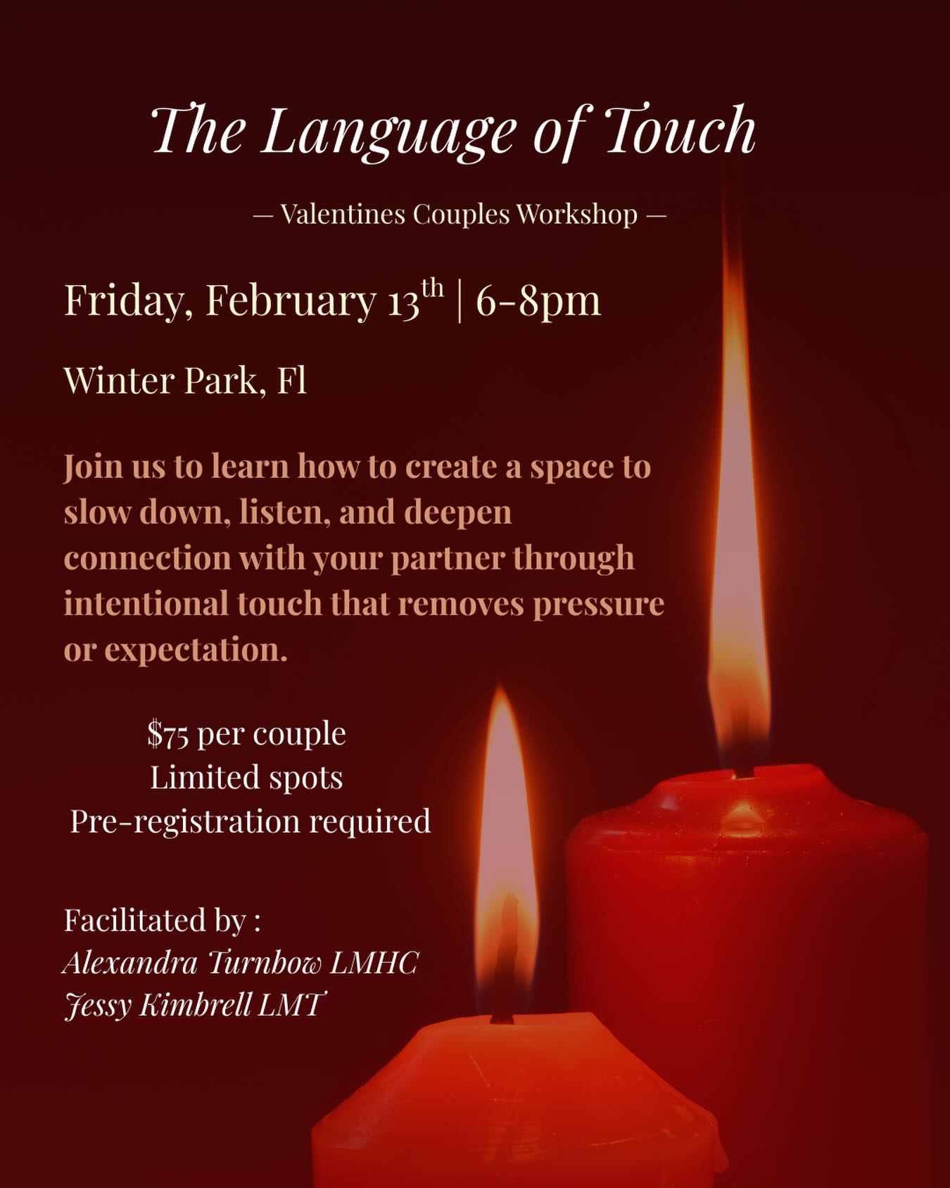 ❣️ Attention lovers ❣️
If you and your partner are looking for a soft landing for Valentine’s Day, join us for a few hours.
In this couples workshop, Alexandria & I will be facilitating a space to connect utilizing intentional touch. We will speak about common misconceptions regarding touch, communication barriers, and ways to relax the inner critic while exploring different qualities of touch with your lover.
Follow the link called ‘The Language of Touch’ in my bio for more information on how to register & pay.
Very limited spots available.
Send me a DM if you have any questions.
@mindful_perceptions
#orlandoevents #orlandocouples #valentinesday #touchheals