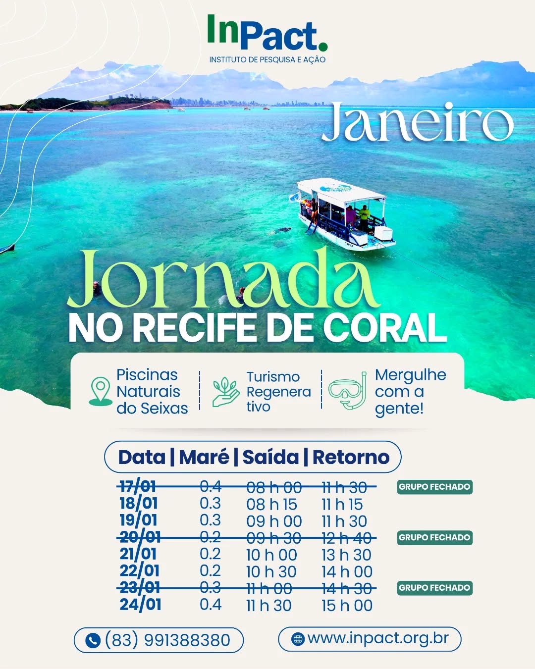 ✨ Agenda de Janeiro - Ainda temos datas disponíveis! ✨
Já pensou em viver uma experiência única de conexão com a natureza? 🌎💙
A Jornada nos recifes de Coral é um passeio educativo e encantador, onde você conhece de perto os corais, a vida marinha e a importância da conservação dos nossos oceanos.
📅 Confira as datas disponíveis
📲 Faça sua reserva pelos nossos canais de atendimento:
📱WhatsApp: (83) 99138-8380
✉️Direct message
🌐 Saiba mais em: www.inpact.org.br
📍Local de embarque: Rua dos Pescadores, 501. Ponta do Seixas, João Pessoa - PB.
Vagas limitadas! Garanta já a sua e venha viver essa experiência transformadora 🌊✨
#JornadaNorecifedeCoral #RecifeDeCorais #TurismoSustentável #EducaçãoAmbiental #ExperiênciaInPACT