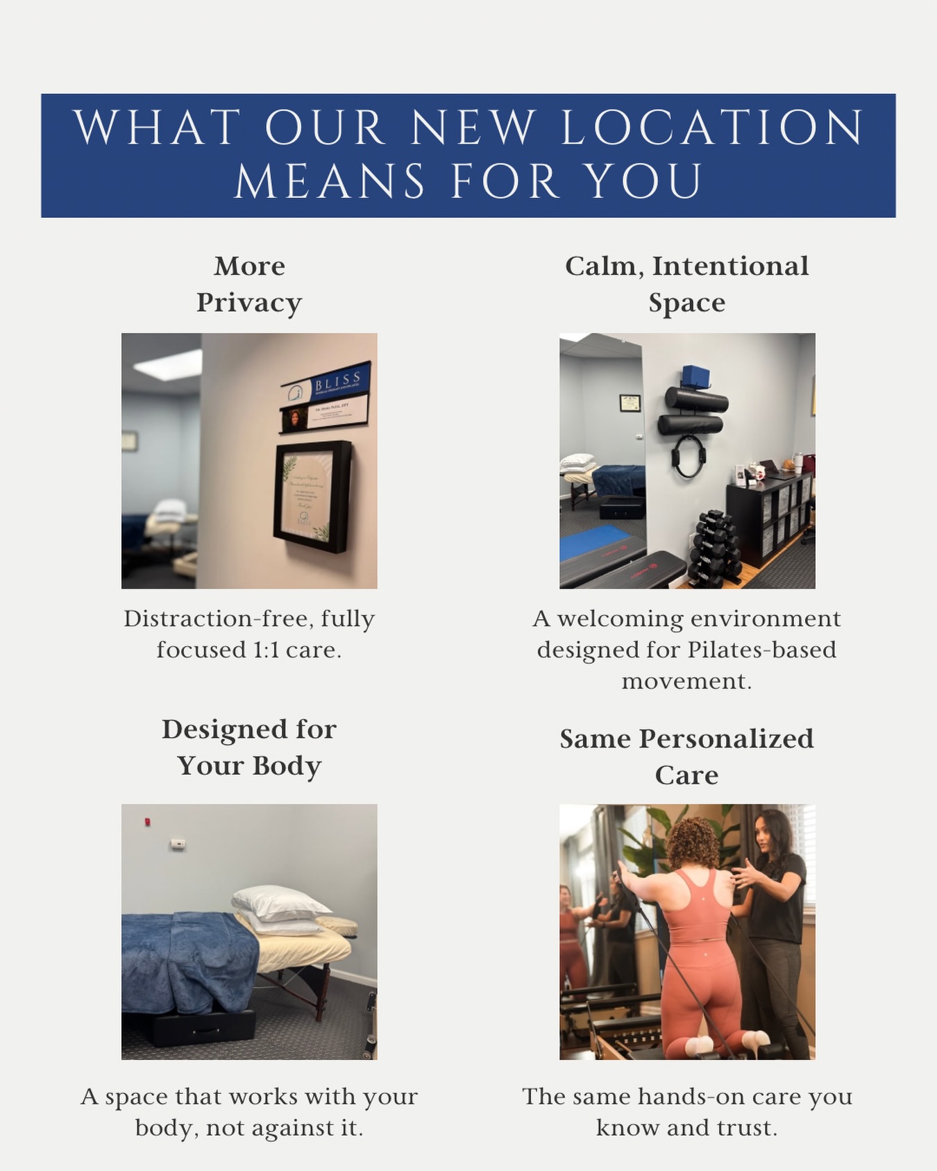 New office. Here’s what this means for you 🤍
We’ve moved into a dedicated office space — thoughtfully designed to elevate your care experience ✨
• More privacy for focused, 1:1 sessions
• A calm, welcoming environment centered around Pilates-based movement
• A professional space that supports healing, strength, and confidence
• The same personalized, hands-on approach you know and love
Now open — we can’t wait to welcome you in ✨
📍Second Floor, 3131 NJ-38 Suite 11B, Mt Laurel Township, NJ 08054