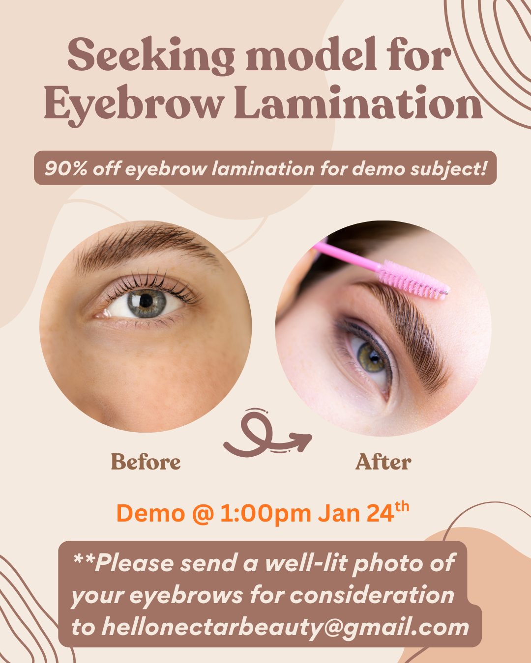 We are looking for a model to who will have her eyebrows laminated for a demo at the Nectar Beauty Boutique.
Chosen candidate will have thick and dark eyebrows that have not been recently shaped or laminated.
Demo is scheduled for 1:00pm January 24th at Nectar Beauty, located in South Surrey.
Please email a well-lit photo of your eyebrows to hellonectarbeauty@gmail.com so we can assess whether you are right for the demo. Thank you in advance.