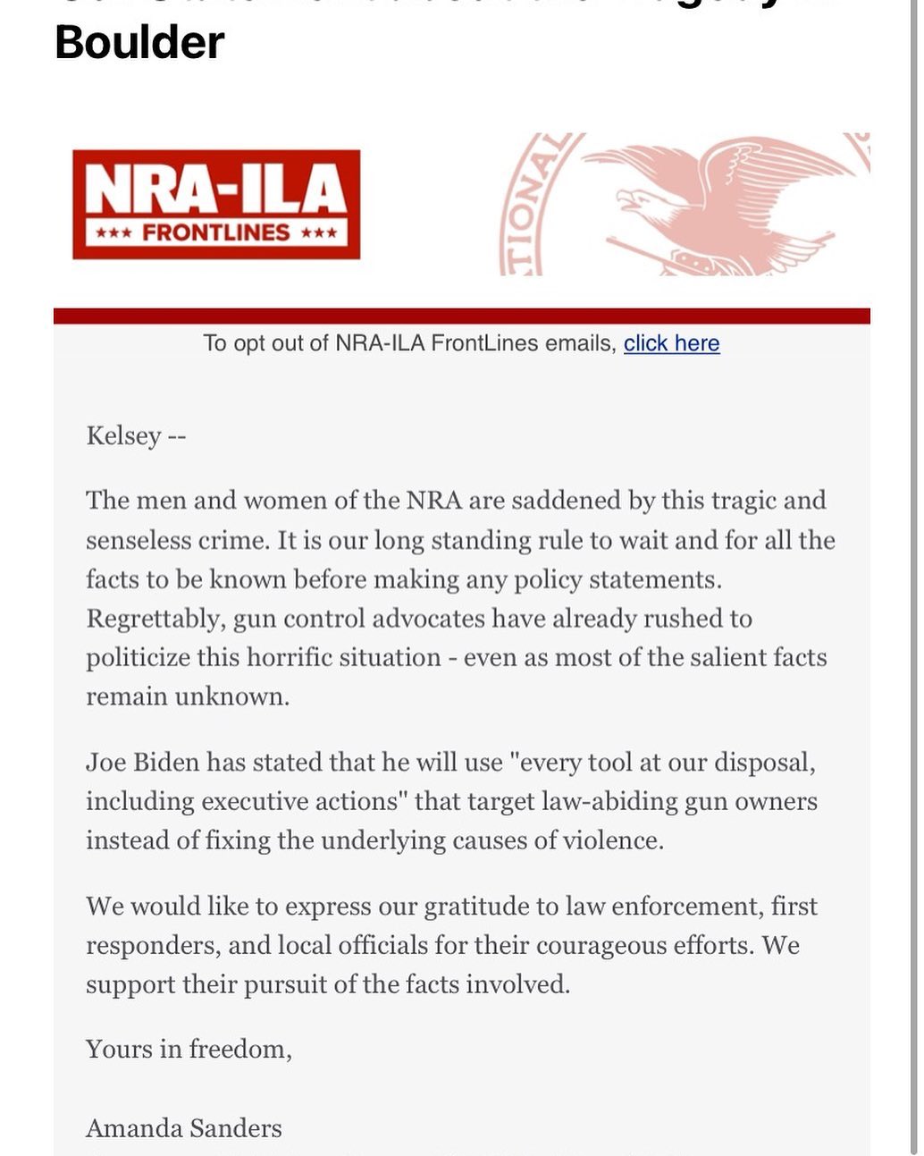 The NRA’s email talks about targeting “law-abiding gun owners.” THAT IS LITERALLY THE PURPOSE OF BACKGROUND CHECKS. TO MAKE SURE THAT PEOPLE WHO ARE BUYING GUNS HAVE HISTORICALLY BEEN LAW-ABIDING. But you are against even the gentlest, most broadly popular common-sense reforms.
Also don’t get me started on “the underlying causes of violence.” Are you referring to mental illness? What the fuck has the NRA done to “fix” mental illness? Because every single politician you fund IS TRYING TO DISMANTLE THE ACA and any attempts at any sort of expansion of healthcare in general, let alone mental healthcare. Most of these reps live in red states that refused to expand the ACA and are literally, actively denying people mental healthcare. Right this second. So fuck right off.