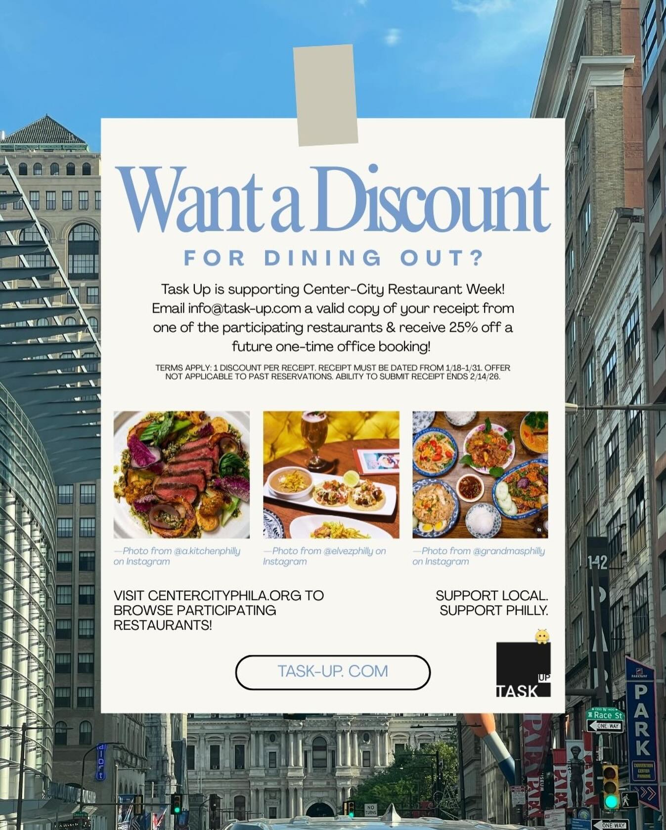 The time is almost here! 🍽️ Make sure to come out & support Center City Restaurant Week 1/18-1/31! And save your receipt, for an additional discount of 25% off when you book an office at Task Up 💻💼✨ #supportlocal #supportphilly #phillycoworking #coworkinphilly #ccdrestaurantweek