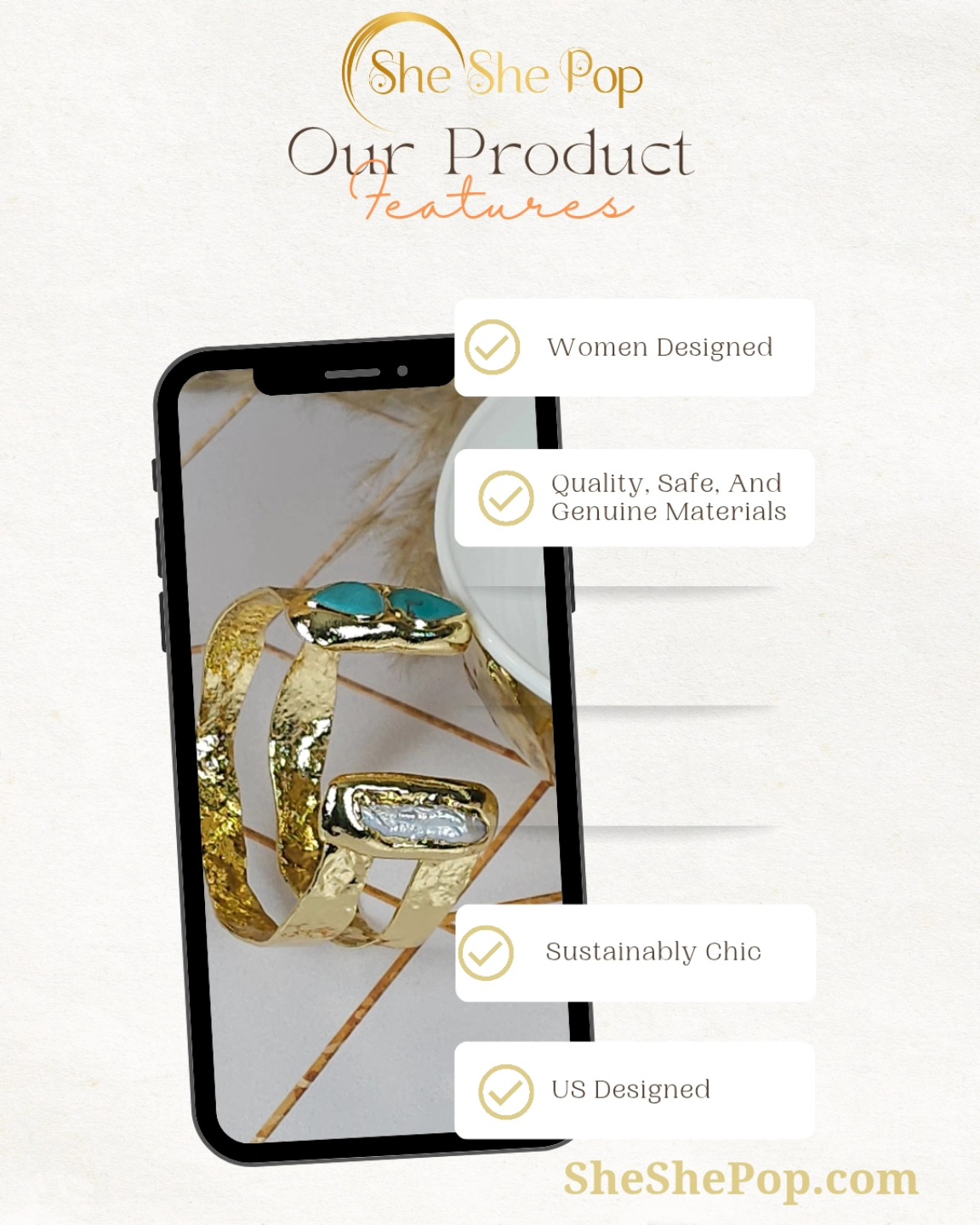 Luxe With Purpose ✨️ Luxe With Purpose✨️
Yes! The designer bags, jewelry, and accessories are gorgeous!
Yes, wearing our special pieces make you feel 🎊 confident and beautiful so that you are empowered to Show Up in the strength and beauty of who you are.
...But did you know that all of the jewelry and handbag accessory designs are designed by women in the US, the Americas, and Canada? ♥️🤍💙
Our 💛 is Focused on quality materials and craftsmanship, so that you can enjoy wearing your stylish vegan handbag for years, and it won't fall apart.
✨️ Because your jewelry 💎 is personal and it's on your body for several hours (10+) daily, we remove the worry of skin irritation! We Only bring you high-end designs made from high-quality metals, gemstones, and materials. Period.
XOXO, ✨️💛
ShShePop
#luxejewelrydesigns #18kplatedjewelry #sheshepopstyle #highendaccessories #highendjewelry #musthavehandbags