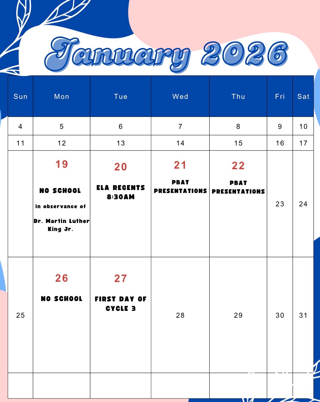 Hey Forsyth! Here is the schedule for the next two weeks. On Monday the 19th, there will be no school in observance of Dr. Martin Luther King Jr. On Tuesday is the ELA Regents. Be sure to study, get a good nights sleep and come in on time at 8:30am. On Wednesday and Thursday, the 21st and 22nd, there will be PBAT Presentations. Make sure to check the schedule to find out what day you present. On Monday the 26th, there is no school, and Tuesday, January 27th is the first day of cycle 3. Let's go Forsyth! You've got this!
#forsyth #youvegotthis #regents #pbats #noschool #experientiallearning #mlk #ela #cycle3 #schoolisfun #higschool #nyc