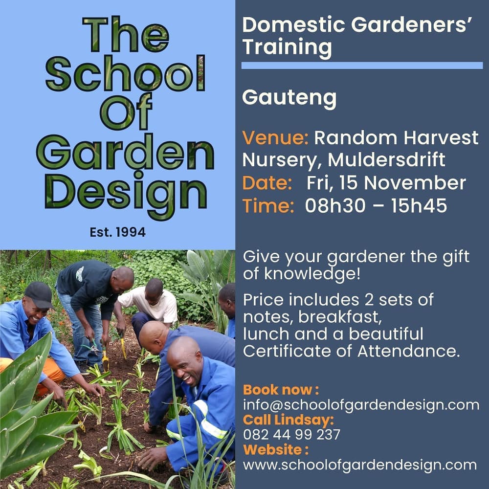 It's not too late to give your gardener the gift of knowledge by enrolling him/her on our 1-day Practical Gardener Training this Friday. You will never know quite how much that certificate at the end of the day means to your staff member. Contact us at info@schoolofgardendesign.com or call Lindsay on 0824499237
#domesticgardenertraining #skillsupliftment #havingfuninthegarden #sustainablegardening #indigenousgardening #propagation #schoolofgardendesign #randomharvestnursery
