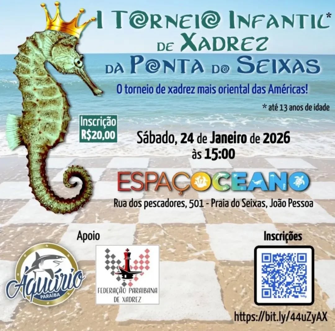 Primeiro Torneio de Xadrez Infantil no Espaço Oceano!
Traga a sua criança para participar (crianças até 13 anos). O evento será no sábado, 24/01 às 15 h.
Inscrições através do link:
https://bit.ly/44uZyAX
#xadrez #torneiodexadrez