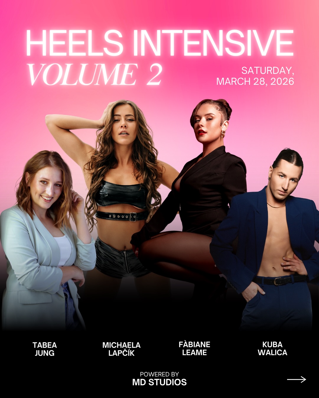 ✨👠 HEELS INTENSIVE VOL. 2 👠✨
Are you ready to elevate your Heels game?
📅 March 28, 2026
📍Orangerie Ansbach, Germany– the most royal location in town 👑
After an incredible first edition, we’re back with 7 hours of high-level Heels training – more intense, more international, more powerful than ever.
🔥 4 international top teachers
🔥 7 hours of Heels, technique & performance
🔥 Professionally filmed by Tolga @visuals.on
🔥 Limited spots – premium experience only
THE LINE-UP:
✨ Michaela Lapcik (CZ) @heelingbymichaela
One of the leading figures of the international Heels scene. Michaela built her own Heels empire in the Czech Republic and teaches worldwide. Known for her clean technique, strong lines and powerful presence.
✨ Kuba Walica (PL) @kuba.walica
International Heels icon and choreographer. Kuba recently choreographed for the Eurovision Song Contest and works with artists across Europe. His classes are precise, intense and focused on real Heels performance.
✨ Fabiane Leame (UK) @fabianeleame
One of the most exciting Heels talents from the United Kingdom. Fabiane is internationally known as an exceptional teacher and performer. Her groovy Heels choreographies, clean lines and strong musicality make her style instantly recognizable. As a globally in-demand instructor, she inspires dancers with her expressiveness, precision and unique movement style.
✨ Tabea Jung – Dancers Rehab (DE) @dancers_rehab
Professional dancer, sports therapist & osteopathy student with over 20 years of experience. Specialized in Heels & Commercial Dance. She will open the event with a professional warm-up and close it with a cool-down for optimal body care.
This is more than a workshop.
It’s confidence. Expression. Performance. Community.
🎟 Tickets: 170 €
⚠️ Limited spots available
ARE YOU READY TO FEEL, DANCE & SHINE? ✨🔥
Get your ticket now 🩵
#mdstudios