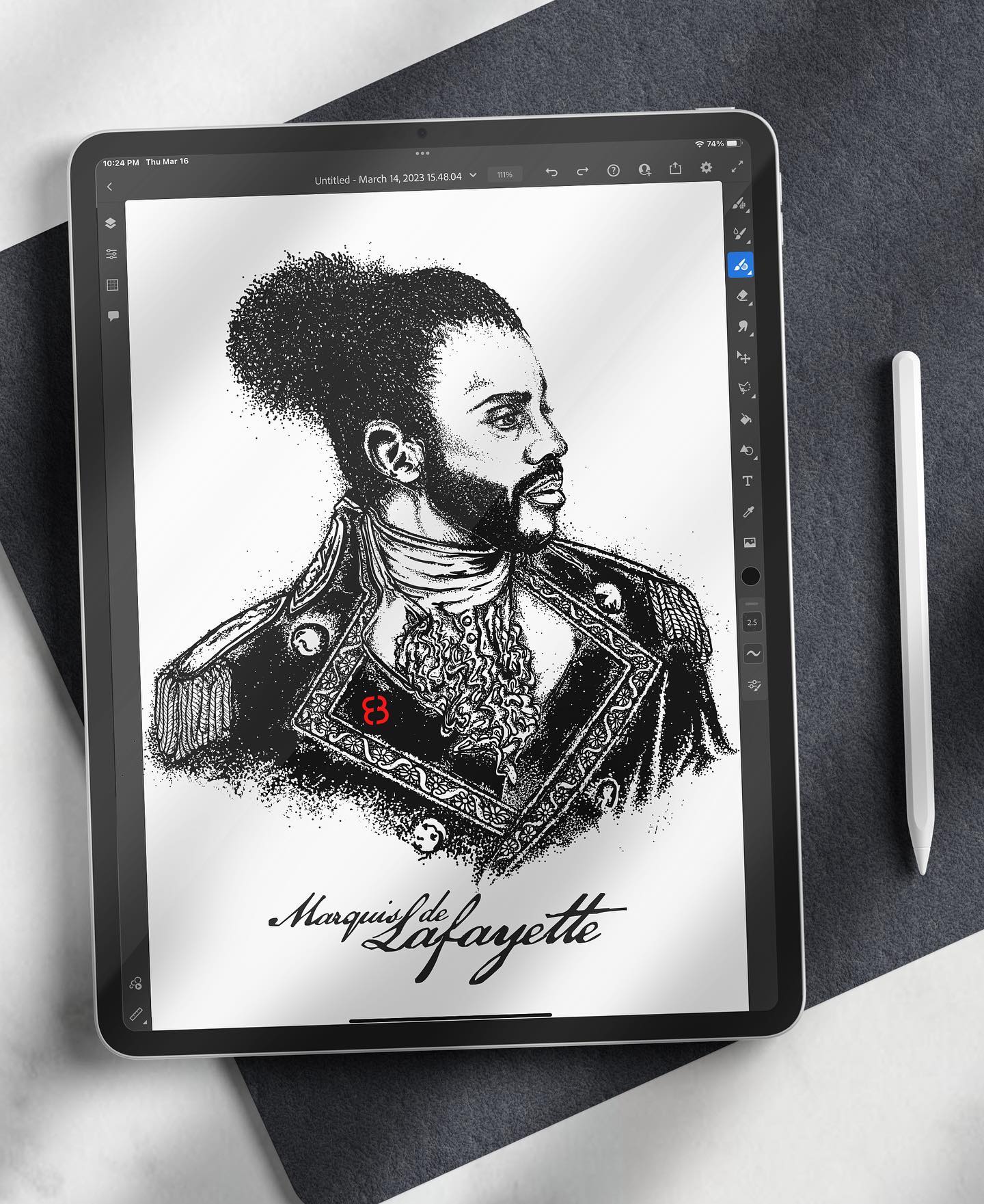 Stipple portrait illustration of Marquis de Lafayette from broadways Hamilton ✨
©️FCC. All Rights Reserved.