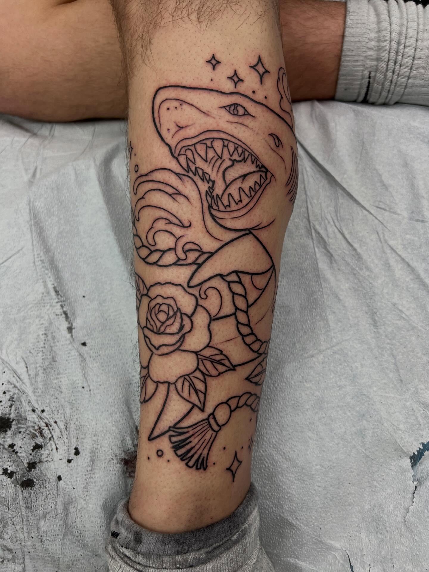 Outlined the start of a super cool tattoo today, can’t wait to add more… #tattoo #tattoos #sharktattoo #tattooartist