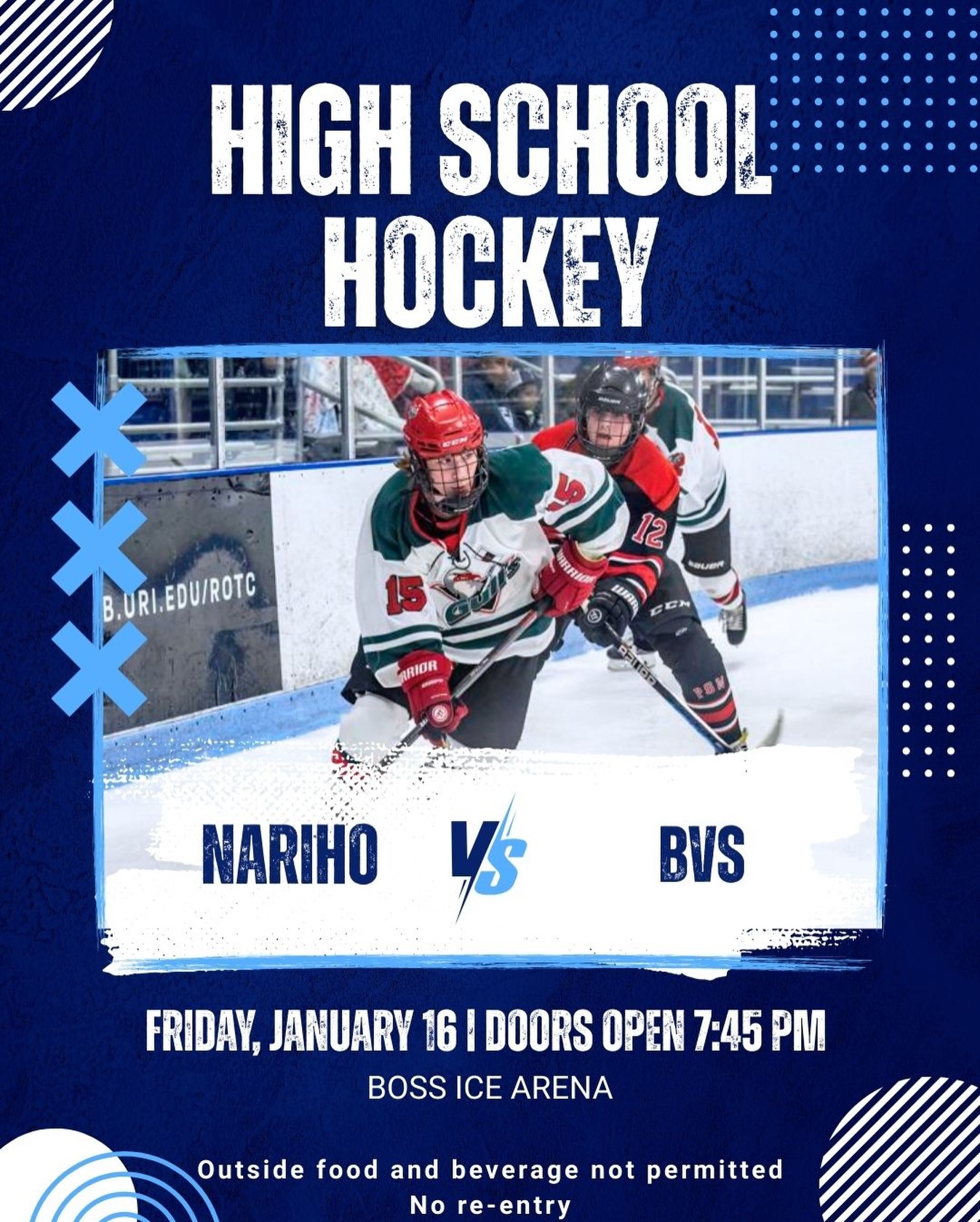 Don’t miss tonight’s game, Nariho vs BVS on Friday, January 16th. Doors open at 7:45pm. See you there! 🏒