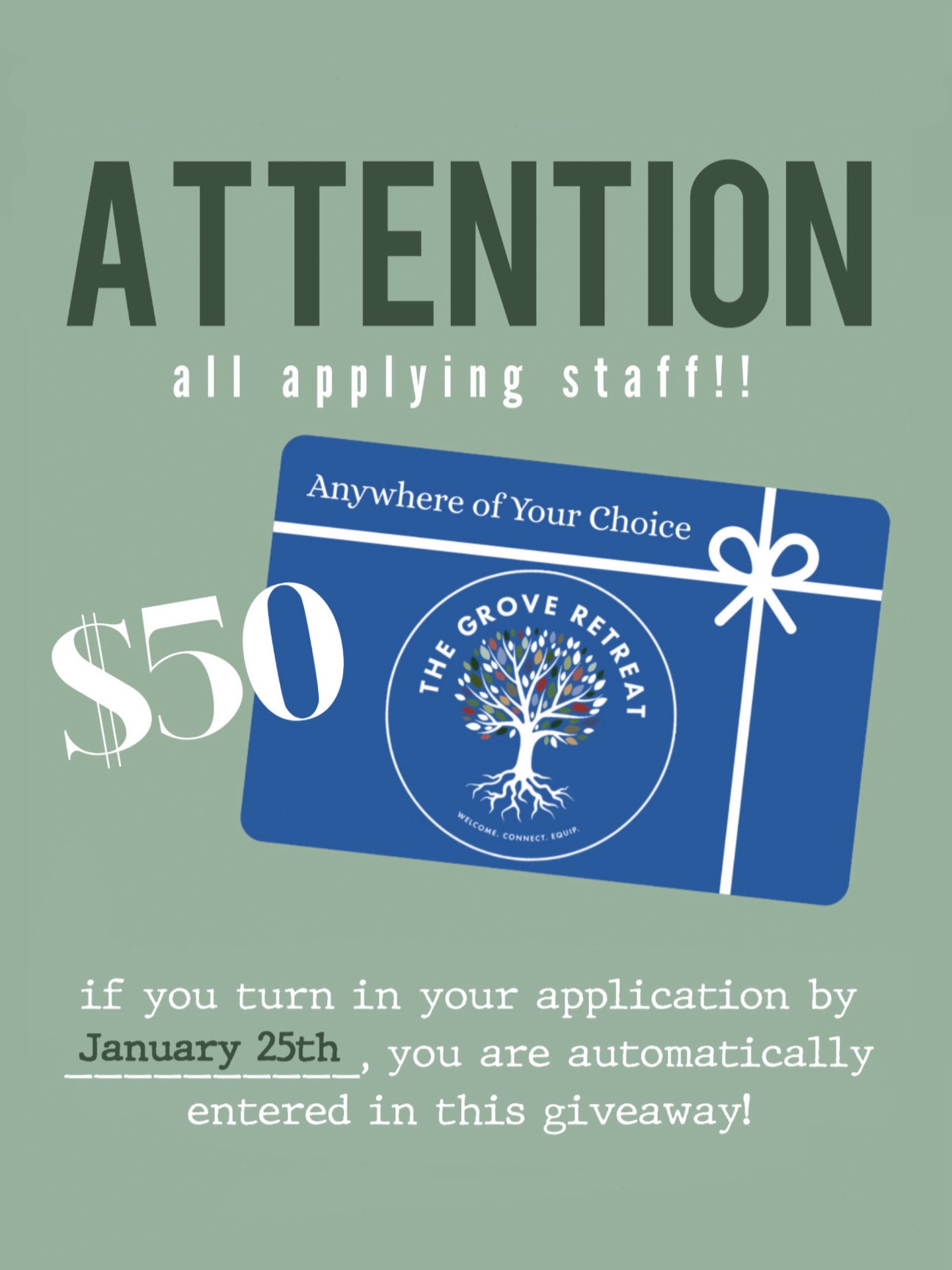 A fun opportunity for ALL APPLYING STAFF!!๐
Be sure to get your application in early for a chance to win a $50 gift card to anywhere! The link to the application is in our bio. We hope to see your name!
