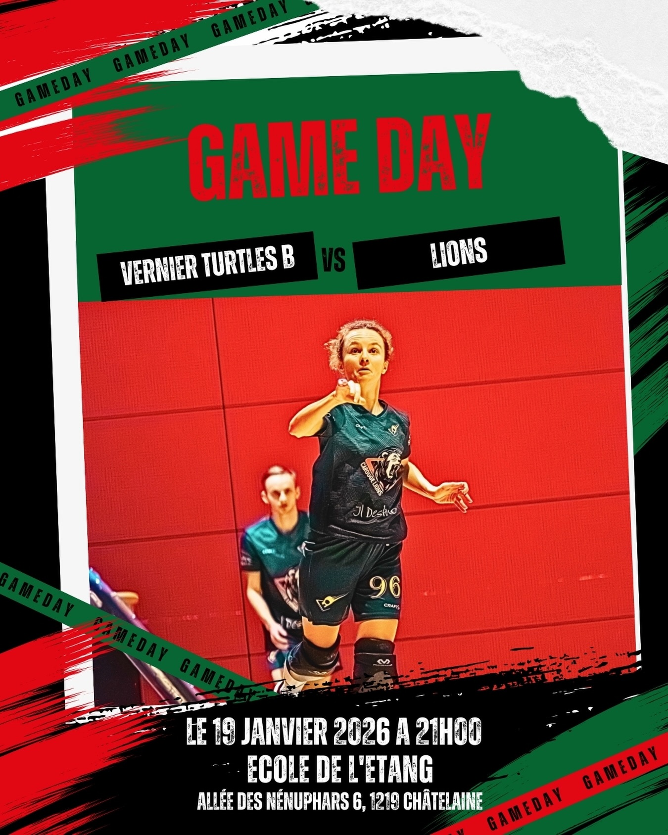 🔴🦁 GAME DAY
Les Lions se déplace chez les Vernier Turtles B pour un choc 100% explosif ! 🔥
Lions vs Turtles : quand la férocité rencontre la ténacité, ça promet du spectacle sur le terrain ! Nos Lions sont prêts à rugir et à défendre leurs couleurs avec détermination.
Venez nombreux supporter notre équipe dans cette confrontation qui va faire vibrer les gradins ! Ambiance assurée, engagement maximal, et du tchoukball de qualité au rendez-vous.
📅 Date : lundi 19 janvier
🕖 Heure : 21h00
📍 Lieu : Ecole de l’Etang, Allée des Nénuphars 6, 1219 Châtelaine
ON COMPTE SUR VOTRE SOUTIEN ! 🙌
Venez rugir avec nous ! 🦁🔴