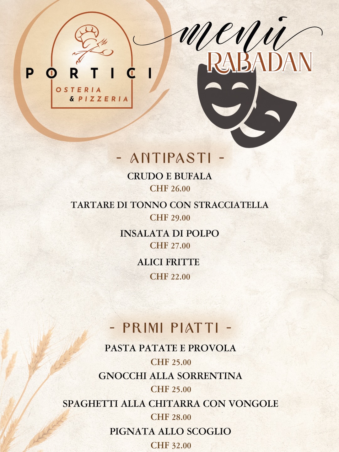 🎭🔥 È Rabadan. E a tavola si fa sul serio. 🔥🎭
Durante il Carnevale di Bellinzona vi aspettiamo con il nostro Menù Rabadan, pensato per le giornate intense, le serate lunghe e la voglia di stare insieme.
Antipasti da condividere 🍤
Primi piatti ricchi 🍝
Secondi sostanziosi 🍖🐟
Pizze classiche e speciali 🍕
Dolci per chiudere il Carnevale nel modo giusto 🍫
Se sei al Rabadan, sai già dove fermarti a mangiare.
📍 Vicolo Muggiasca, Bellinzona
📞 Prenotazioni consigliate: 091 829 24 26
🎉 Rabadan fuori. Portici a tavola.
#Rabadan #CarnevaleBellinzona #PorticiBellinzona #MenuRabadan #CarnevaleTicino OsteriaPizzeria BellinzonaFood