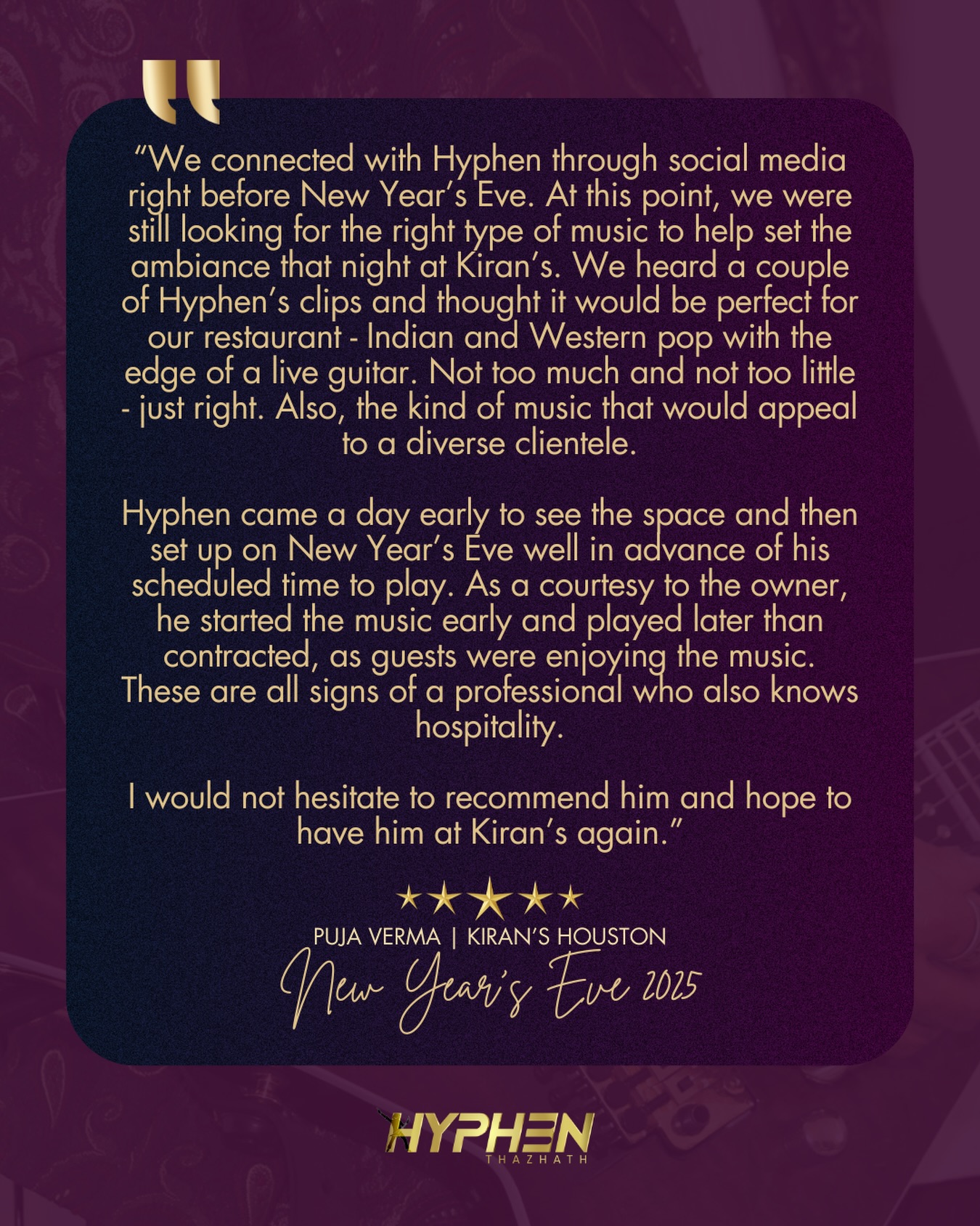 So grateful for this wonderful testimonial from @kiranshouston 🥂🎆
#clientreviews #livemusic #houstonlivemusic #indowestern #fusionmusic
Houston Live Music Entertainment