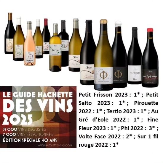 A défaut d'une belle récolte de raisins (2024 sera une des plus faibles du domaine), une jolie récolte de distinctions au Guide Hachette 2025 : 9 cuvées citées dont Volte Face 2022 2* et Phi 2022 3*!