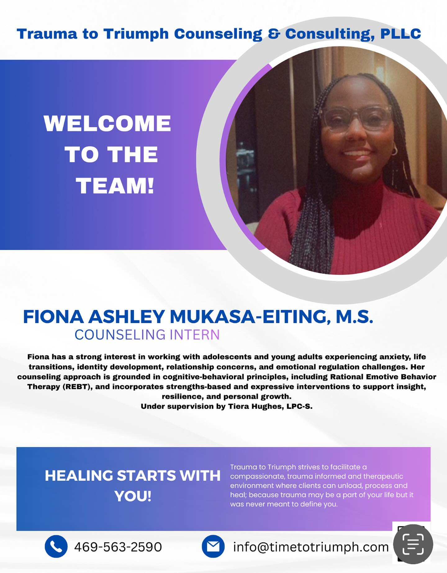 ✨Introducing Fiona Mukasa-Eiting to the team! 🎉
We are so excited to officially welcome Fiona to the Trauma to Triumph Counseling practice! Fiona is passionate about supporting individuals, couples, and families navigating anxiety, life transitions, identity, relationship challenges, and difficulty with emotional regulation.