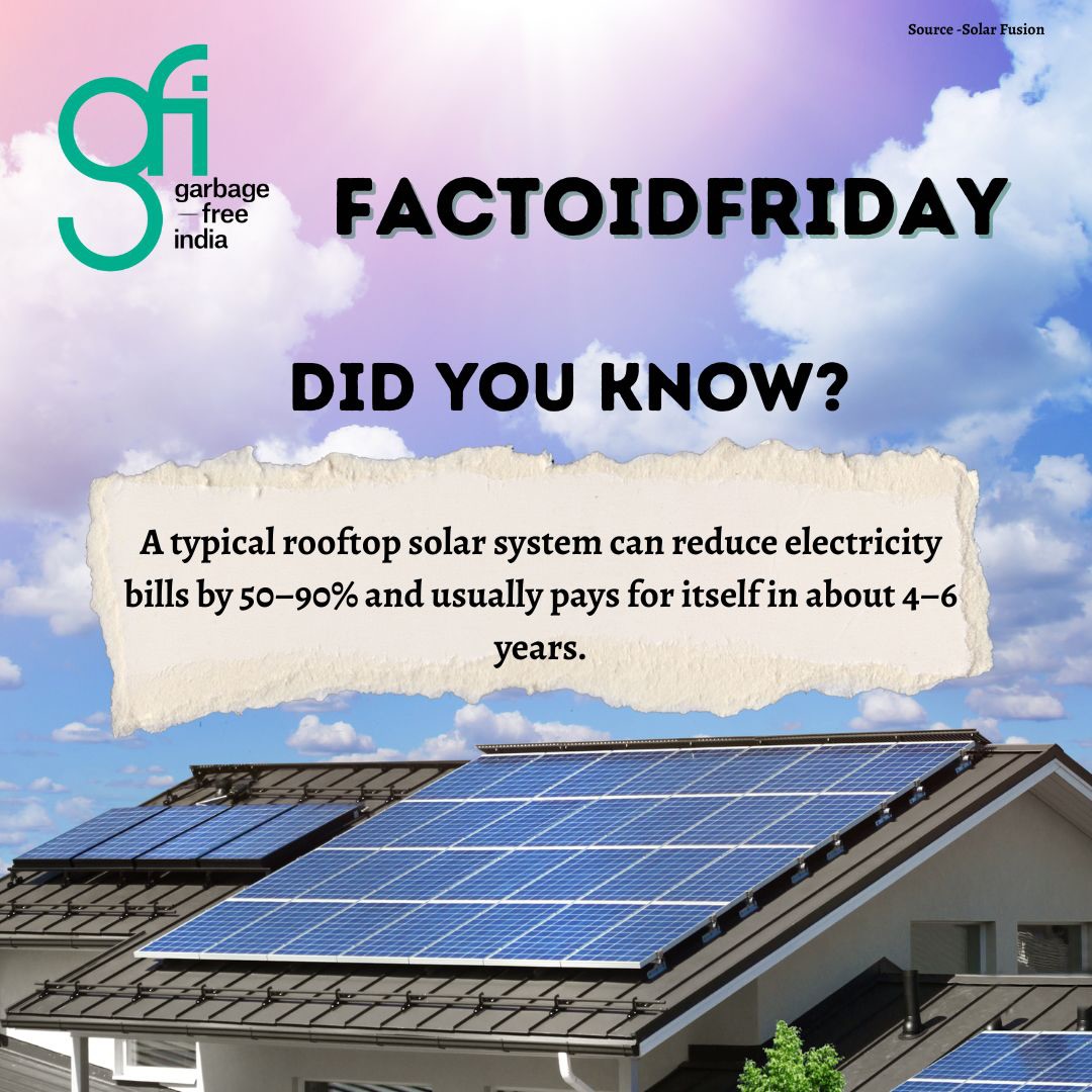 Your rooftop can do more than just shade your home it can generate clean energy and cut your electricity bills by up to 90%.
With a payback period of just 4–6 years,solar power keeps giving for 20+ years
Save money. Reduce emissions. Power your future with the sun.
Switch to solar and be part of the clean energy movement.
#FactoidFriday
#SolarEnergy
#GoSolar
#RenewableEnergy
#CleanEnergy
EnergySavings
SustainableLiving
ClimateAction
GreenIndia
NetZeroFuture
GarbageFreeIndia
GFI
SustainabilityInAction