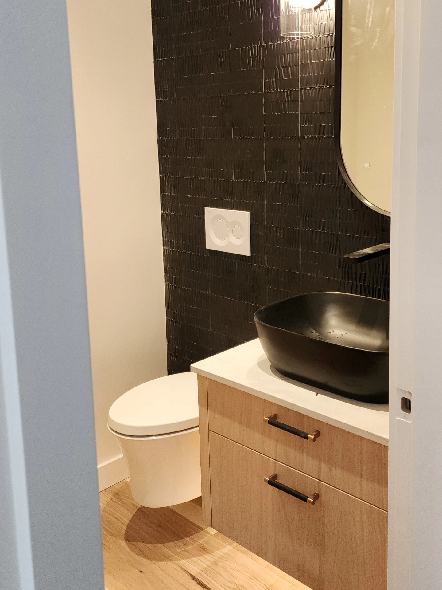 Kohler Wall hung on some wild tile, with the wall faucet to match !
@kohler
#plumbing #Whistler #Squamish #newcontruction