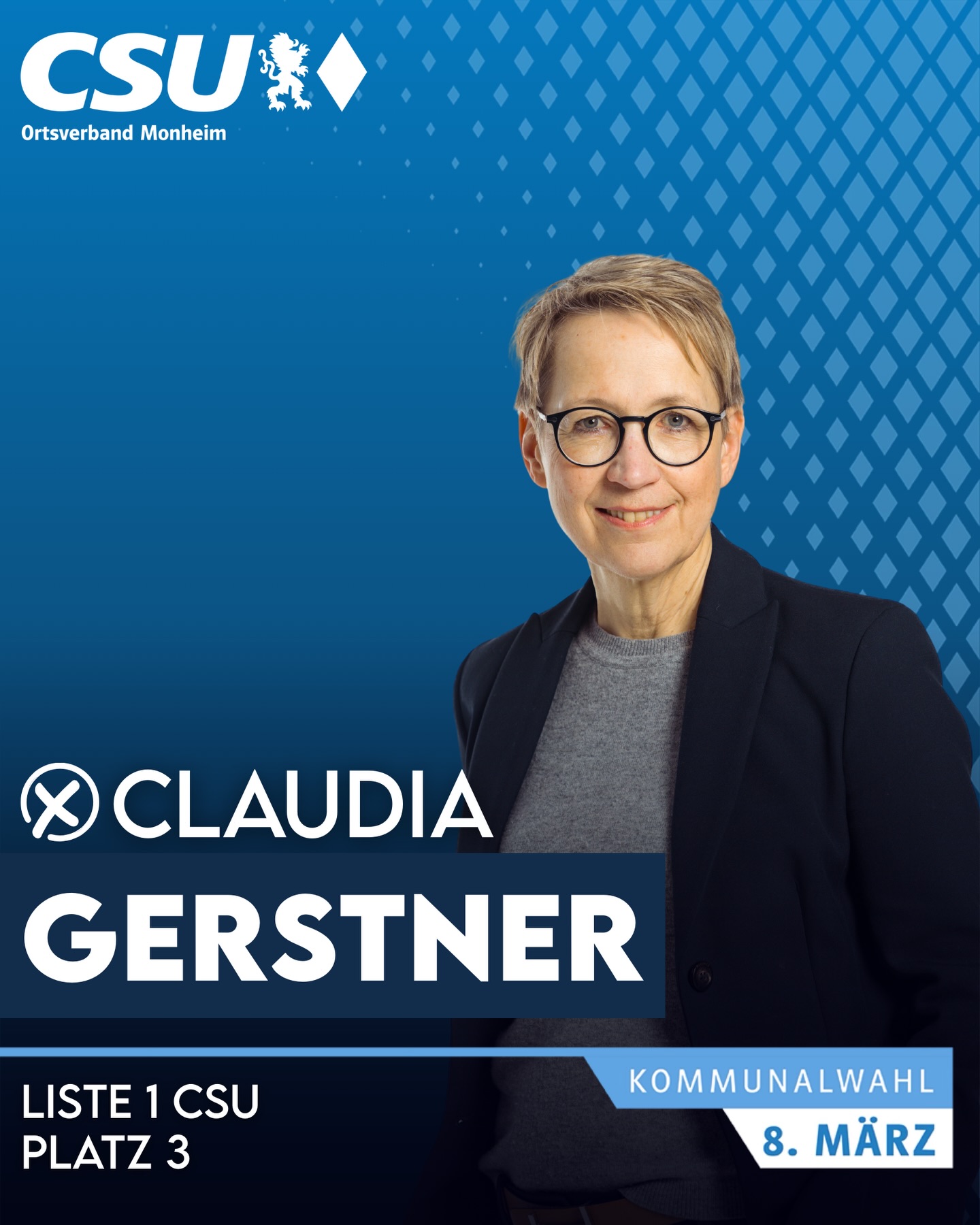 📣Wir stellen vor für den Stadtrat:
👤 Claudia Gerstner
🎂 61 Jahre | 💍 verheiratet
🏛 Stadträtin
📐 Dipl.-Ing. Innenarchitektin
♿️ Sachverständige für barrierefreies Planen & Bauen
🏡 Monheim
🐎 Hobby: Reiten
🗳 Kommunalwahl 8. März
➡️ Liste 1 CSU – Platz 3
#csu #monheim #bayern #stadtrat #kommunalwahl