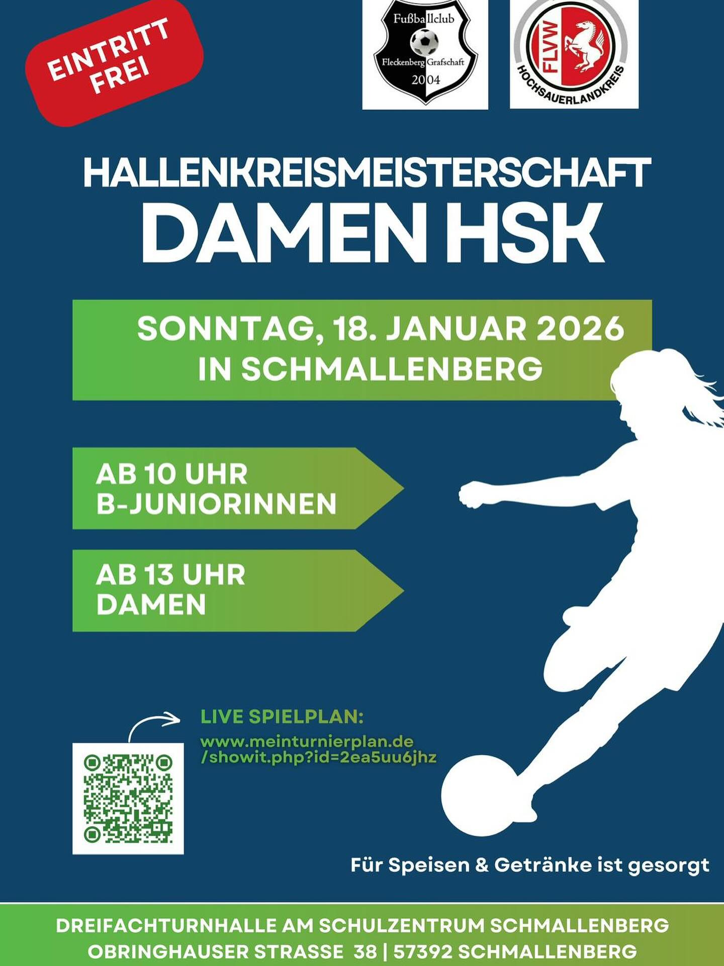 🏆⚽ Hallenkreismeisterschaften der Damen in Schmallenberg 🏆⚽
Am Sonntag, 18.01.26, werden in der Schmallenberger Dreifachturnhalle am Schulzentrum die Hallenkreismeisterschaften der Damen angepfiffen.
Als Ausrichter zeichnet sich in diesem Jahr der FC Fleckenberg-Grafschaft verantwortlich.
Insgesamt gehen 9 Mannschaften an den Start.
In die Gruppe A wurden der Bezirksliga-Tabellenführer FC Fleckenberg-Grafschaft, die drei Kreisligisten TuS Medebach (9er), SV Oberschledorn-Grafschaft (9er) und der SV RW Erlinghausen sowie die Fußballdamen des SV Thülen gelost.
In der Gruppe B kämpfen die Kreisligisten SV Brilon (9er), FC Ostwig-Nuttlar sowie die beiden Bezirksligisten BV 23 Alme und der FC Remblinghausen um das Weiterkommen.
Die beiden Gruppenersten qualifizieren sich für das anschließende Halbfinale.
Als Favorit geht der Westfalenligist vom Thülener Scheid ins Rennen.
Die Grün-Weißen konnten sich den Titel mittlerweile schon sechsmal hintereinander sichern.
Dem Sieger des Hallenturniers winkt die Teilnahme an dem FLVW-Futsal-Hallenpokal.
Dieser wird am Samstag, 07.02.26, erneut in der Sporthalle Dortmund-Brackel ausgetragen.
Los geht es am Sonntag um 13 Uhr mit der Partie zwischen dem Ausrichter FC Fleckenberg-Grafschaft und dem SV Oberschledorn-Grafschaft (9er).
Die SVT-Damen greifen um 13:48 Uhr zum ersten Mal ins Spielgeschehen ein.
Den kompletten Spielplan gibt es unter dem folgenden Link:
https://www.fussball.de/spieltag/hallenkreismeisterschaft-der-frauen-kreis-hochsauerlandkreis-frauen-kreisturnier-frauen-saison2526-westfalen/-/staffel/02VFBR4V40000000VS5489BTVS0RUON0-C#!/