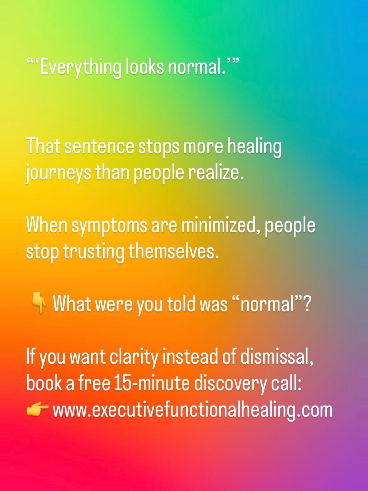 Being told “your labs are fine” can be more confusing than being given a diagnosis.
Because you still feel it.
Every day.
And eventually, you start wondering if you’re the problem.
You’re not.
What symptom were you told to ignore or live with?
One word is enough.
If you’re ready to explore root causes instead of being brushed off,
book a free 15-minute discovery call at
👉 www.executivefunctionalhealing.com #ExecutiveFunctionalHealingLLC #HolisticHealth #RootCause #TestDontGuess #WellnessFromWithin
