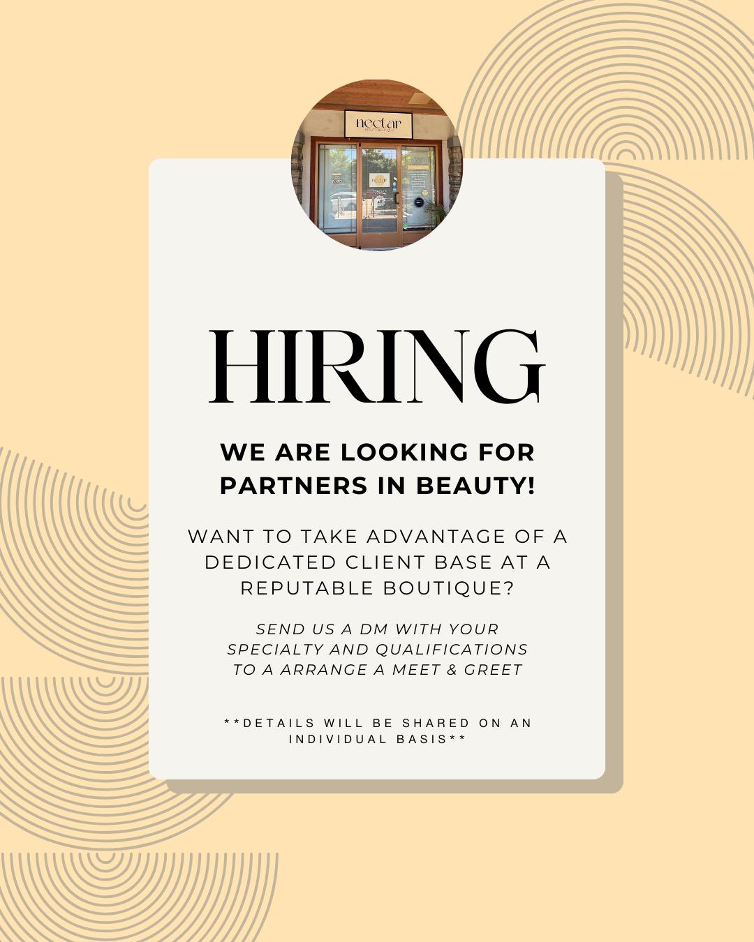 Nectar is looking for talented beauty partners who are client-focused and skilled in any of the following:
Eyelash extensions
Lash lift and tinting
Brow shaping and tinting
Brow lamination
Facials & Peels
Microdermabrasion
Microneedling
IPL
Laser Hair Removal
Electrolysis
Body Contouring
If you are passionate about aesthetics and aim to provide exceptional client service, we want to hear from you! Please send us a DM with you skills, specialty, qualifications and a link to any relevant social account, and we will reach out to you.
