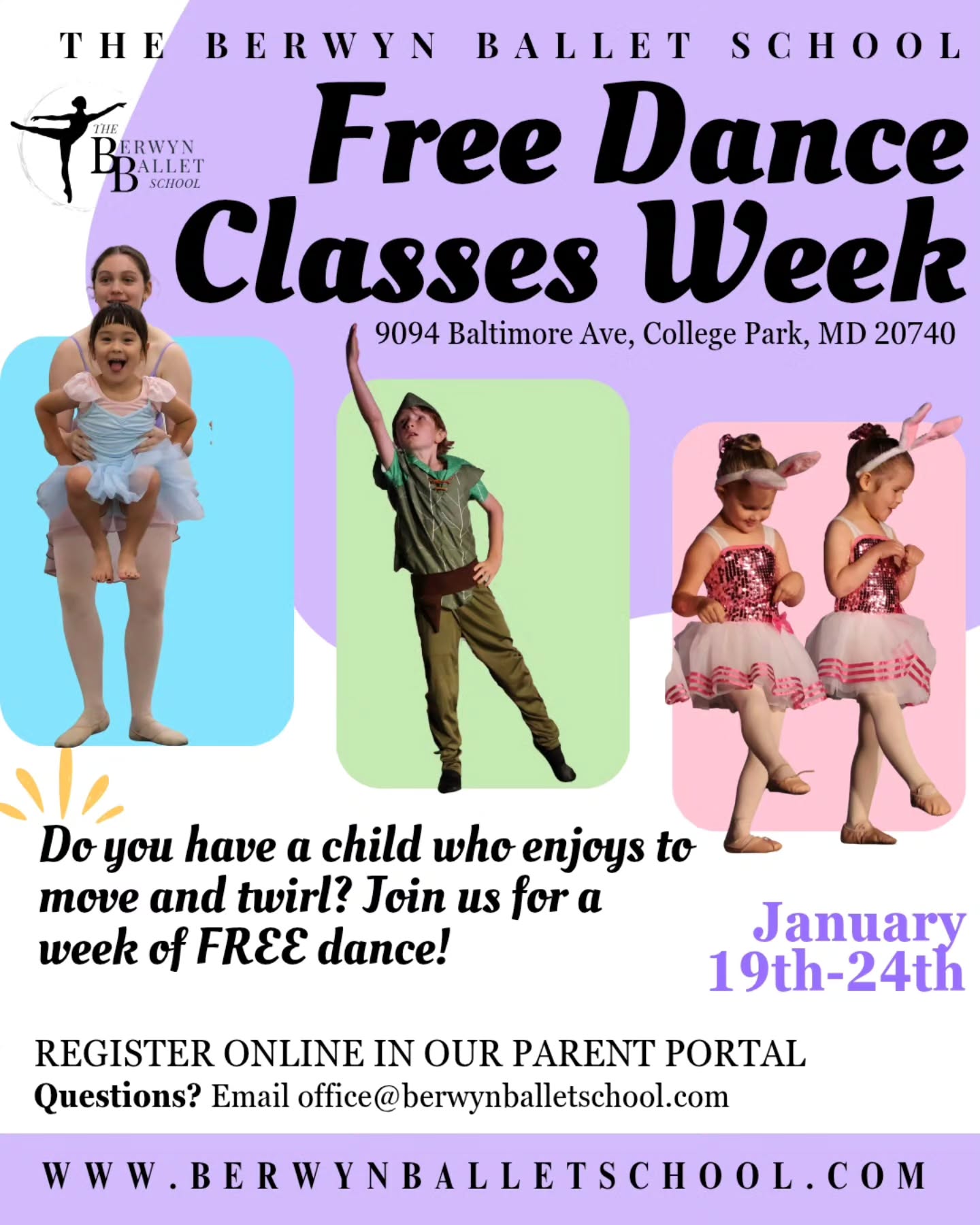 Join us for a week of FREE UNLIMITED CLASSES. This is the perfect time to experience the joy of dance!
There is no obligation, just a week of FUN!
#theberwynballetschool #ballet #dance #ballerinas #lovedds #dancefootlights #pointeshoes #thenextgeneration #supportthearts #collegeparkmd #collegeparkarts #balletteacher #healthykids #activelife #buildingblocksforlife #danceeducationforall #free #unlimited