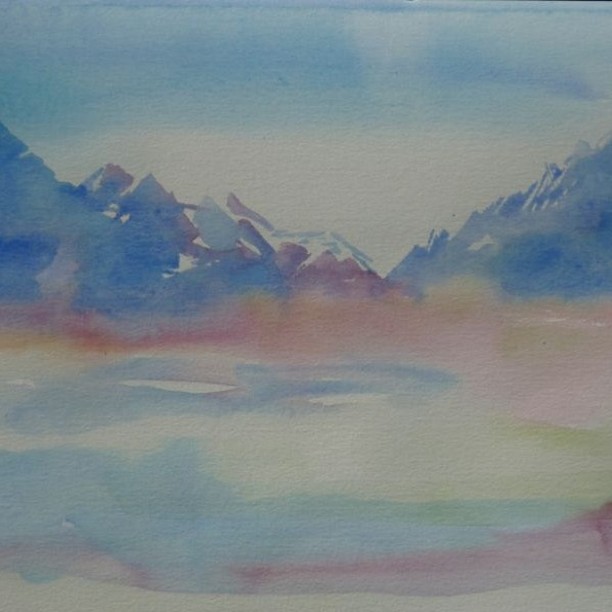 European Mountains
Watercolour 30cm x 42 cm
Experimenting with minimal mark making and colour pallet to create misty mountain range.