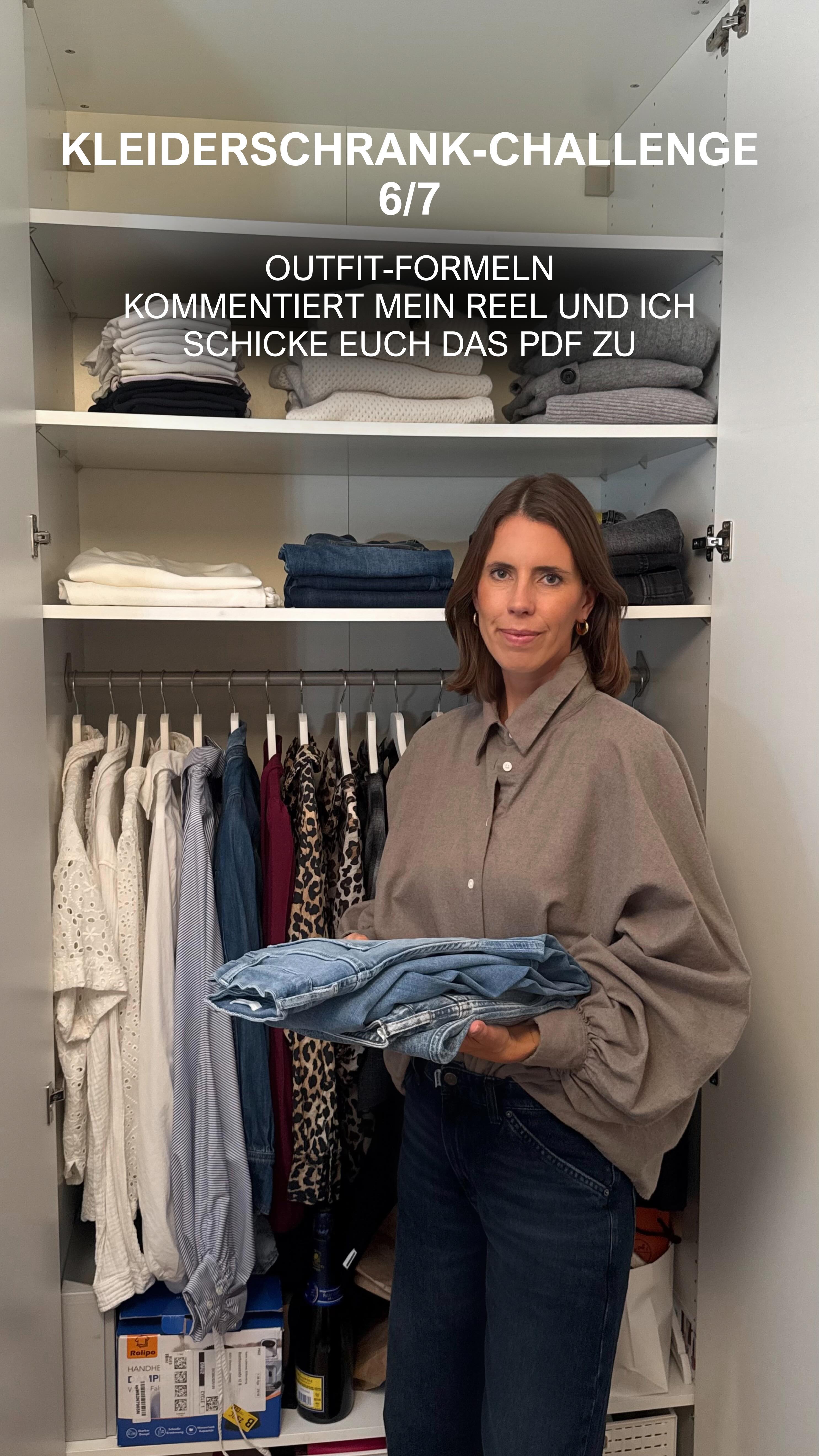 Kleiderschrank-Challenge 6/7
Outfit-Kombis: Die Looks, die immer funktionieren
Heute geht es nicht um einzelne Teile, sondern um fertige Looks.
Kleidung wirkt erst dann wirklich, wenn sie kombiniert getragen wird.
Stellt euch fünf vollständige Outfits zusammen – so, wie ihr sie im Alltag anziehen würdet.
Verwendet dafür nur eure besten, liebsten Teile.
Fotografiert die Looks und speichert sie ab.
Das ist eure persönliche Mini-Capsule für die nächsten Wochen.
Warum das so wichtig ist:
Viele von euch haben tolle Kleidung im Schrank – sie bleibt aber ungetragen, weil die Kombination fehlt.
Erst wenn ihr Looks vor euch seht, entsteht Klarheit und Sicherheit.
Schaut euch eure fünf Outfits bewusst an:
Welche Farben, Silhouetten und Materialien tauchen immer wieder auf?
Genau hier zeigt sich euer persönlicher Stil – und auch, was euch wirklich steht.
Ziel dieses Schrittes:
Morgens schneller entscheiden, weniger Stress vor dem Schrank
und ein klares Gefühl dafür bekommen, was für euch funktioniert.
Mein Tipp für euch:
Kommentiert mein Reel und ihr erhaltet mein PDF zu Outfit-Formeln direkt zugeschickt.