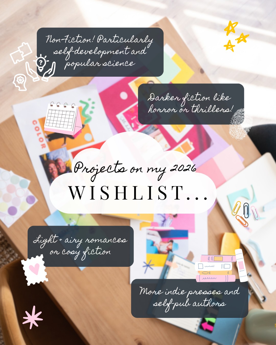 Projects on my 2026 Book Design Wishlist... 💫
This year, I want to challenge myself to grow as a designer by taking on projects that excite me. Whether it's a completely new genre or embracing a format I love, here are the projects I'm manifesting for 2026...
🧠 Non-Fiction (no surprise here!), whatever sub-genre, I'm ready! Particularly interested in self-development or popular science
🩸 Darker genres like horror and thriller is a new area for me and would be really fun to tackle
🌸 Conversely, I've loved designing cosy covers and would love to try different cosy sub-genres or a light and airy romance
💖 I love working with indie presses and self-pub authors, it's a special collaboration and a pleasure to be part of their publishing journeys
What's on your project wish list this year? 💭
If you are currently working on a manuscript or looking for a book designer to join your team this year, please do get in touch 🥰
#BookDesigner #BookDesign #Publishing #AuthorGram #IndiePublishing