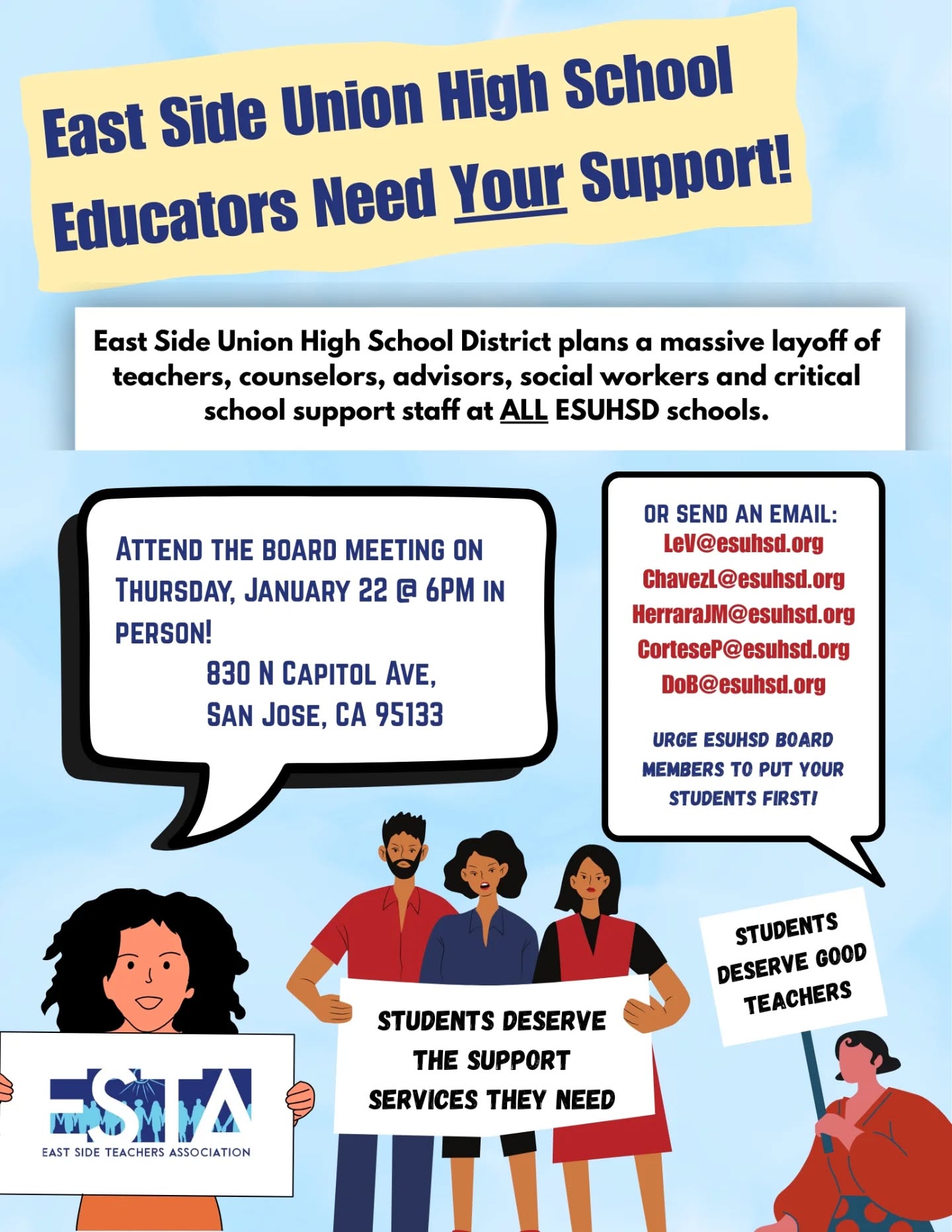 Proposed East Side Union High School District Budget cuts threats in student services in classrooms while preserving district office administration!
Show up to the board meeting and/or write to our board members!
#WeAreESTA #wearecta #teachers #students #publiceducation