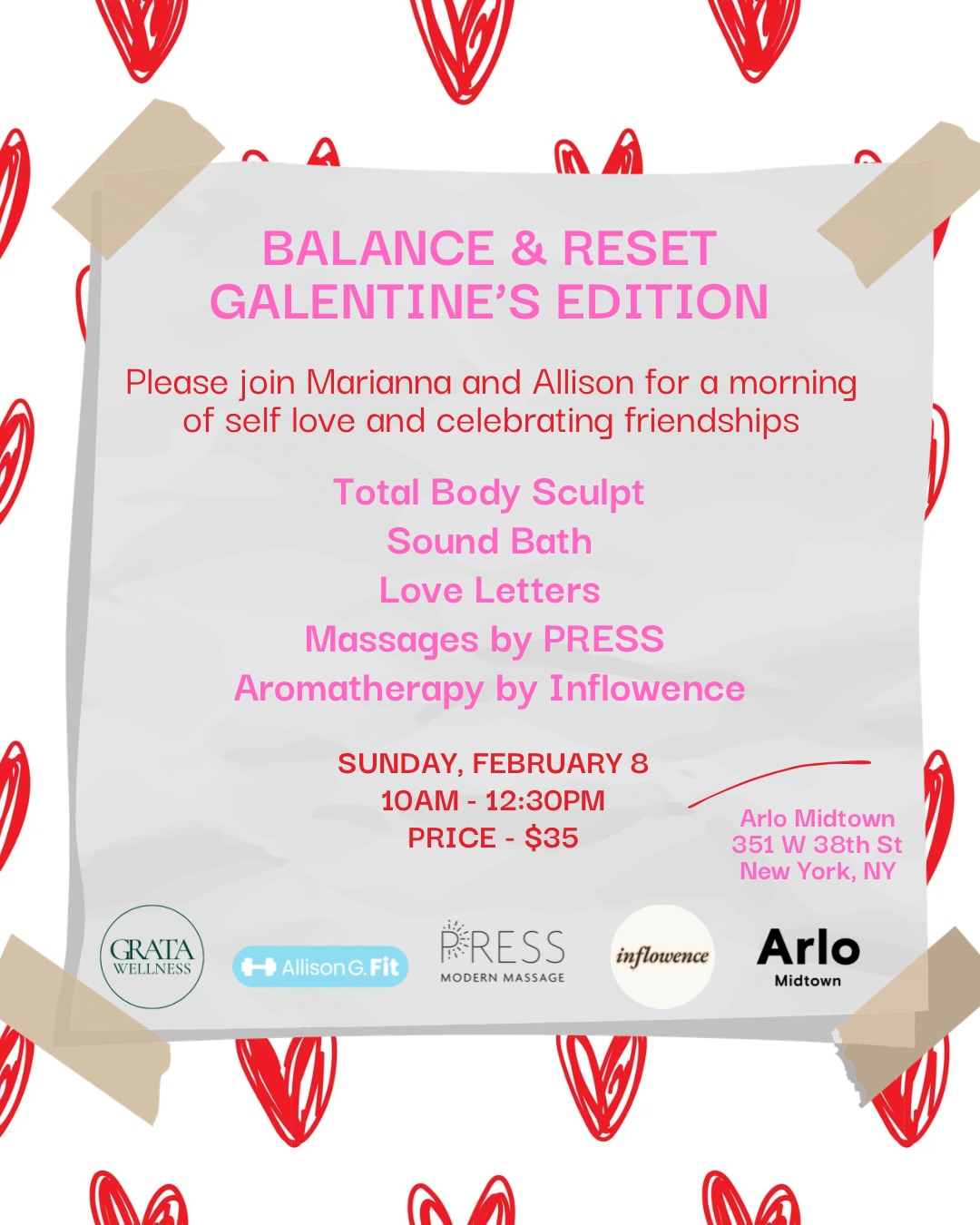 GALENTINES WELLNESS EVENT LOADING!!!💕✨
Join Allison and Marianna for Balance & Reset: Galentine’s Edition—a Sunday morning devoted to movement, self-love, friendship, and rest at @arlohotels Midtown.
We’ll move, connect, and restore with:
✨ Total body sculpt (all levels welcome) with @allisongfit
✨ A grounding sound bath with @gratawellness
✨ Massages by @pressmassage (!!)
✨ Aromatherapy by @inflowence.official
✨ Healthy refreshments + love-letter journaling
🗓 Sunday, Feb 8 | 10–12:30
💗 $35 | Arlo Midtown
Come solo or bring your favorite gals and enjoy a morning just for you.
🔗 Link in bio to register