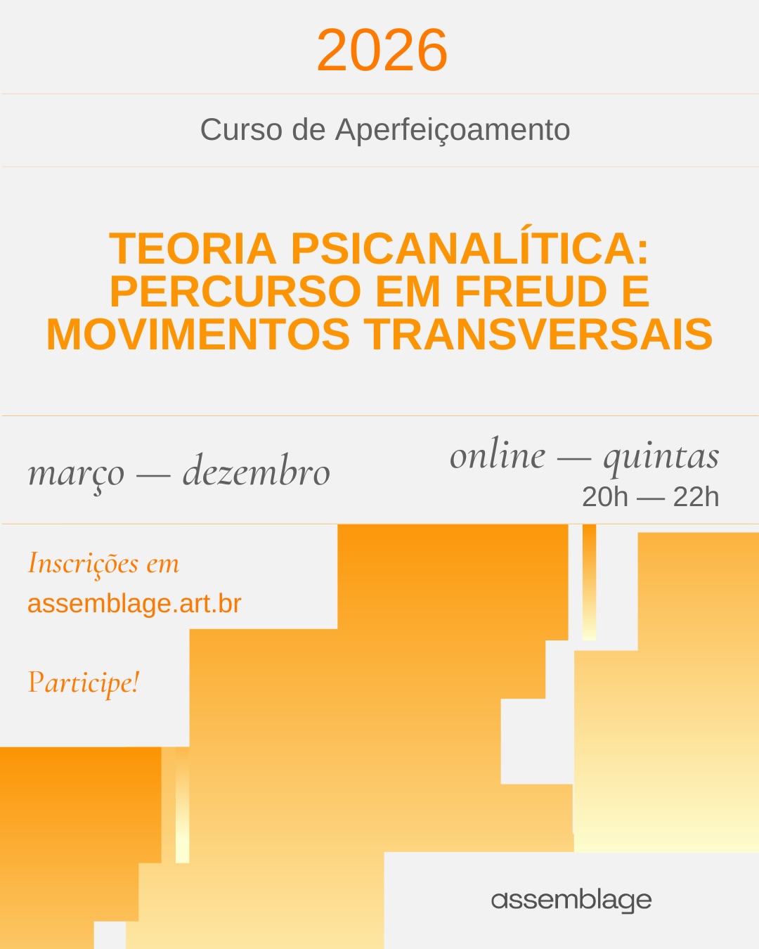 Estão abertas as inscrições para aqueles que desejam introduzir-se ao universo da Psicanálise!
O nosso curso “TEORIA PSICANALÍTICA:
PERCURSO EM FREUD E MOVIMENTOS TRANSVERSAIS“ será iniciado em março e é formado por um grupo de psicanalistas-pesquisadores. O curso é coordenado pelas psicanalistas Denise Mamede e Caroline Mortagua, é totalmente online, ao vivo, com encontros semanais de março a dezembro.
O curso pretende orientar uma introdução aos escritos teóricos, metapsicológicos e técnicos de Sigmund Freud desde o início de sua obra (1895), levando em conta seus contextos, tropeços e frestas - uma tentativa de abertura - numa articulação ao momento e movimento psicanalítico que vem sendo construído no Brasil hoje.
O programa está orientado para estudantes de Psicanálise, Psicologia, áreas ligadas à Saúde ou às Ciências Humanas. Também é indicado a todos que possuem interesse na psicanálise ou desejam introduzir-se e ingressar no campo.
Conheça mais o programa através do link na bio!
Saiba mais! Participe!
#freud #teoriapsicanalítica #psicanálise #psicanáliseclínica #psicanálisenobrasil