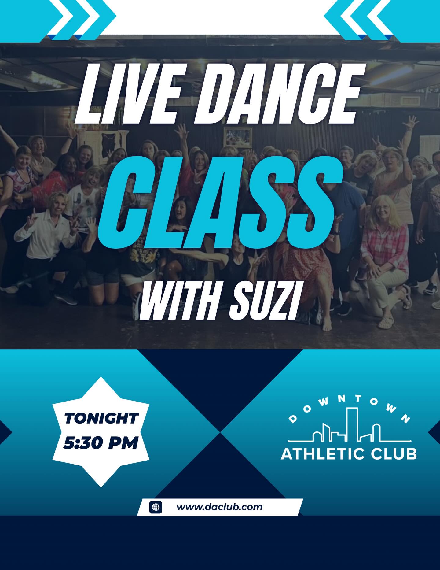 Live Dance Class with Suzi at 5:30 PM tonight — come move, laugh, and have some fun with us!