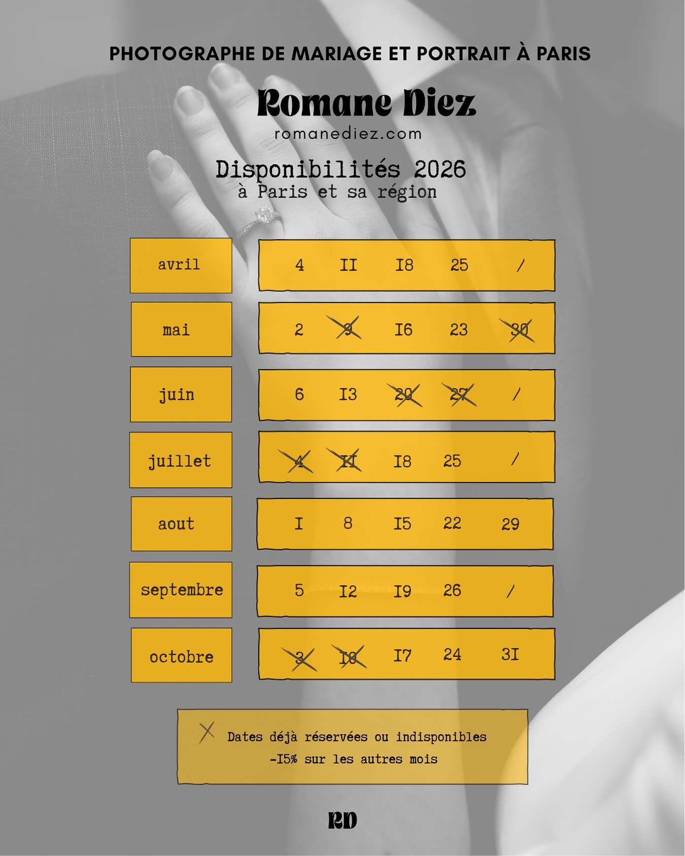 Voici mon calendrier de disponibilités pour la saison des mariages 2026 ❤️🔥
Vous pouvez découvrir mon travail sur mon site Internet : romanediez.com
Si mon regard et ma vision de la photographie vous parlent, vous pouvez m’écrire via le formulaire de contact de mon site internet pour que l’on puisse échanger ensemble à propos de votre mariage ✨
#photographedemariage #weddingphotographer #frenchphotographer #weddinginfrance #mariageaparis #couple