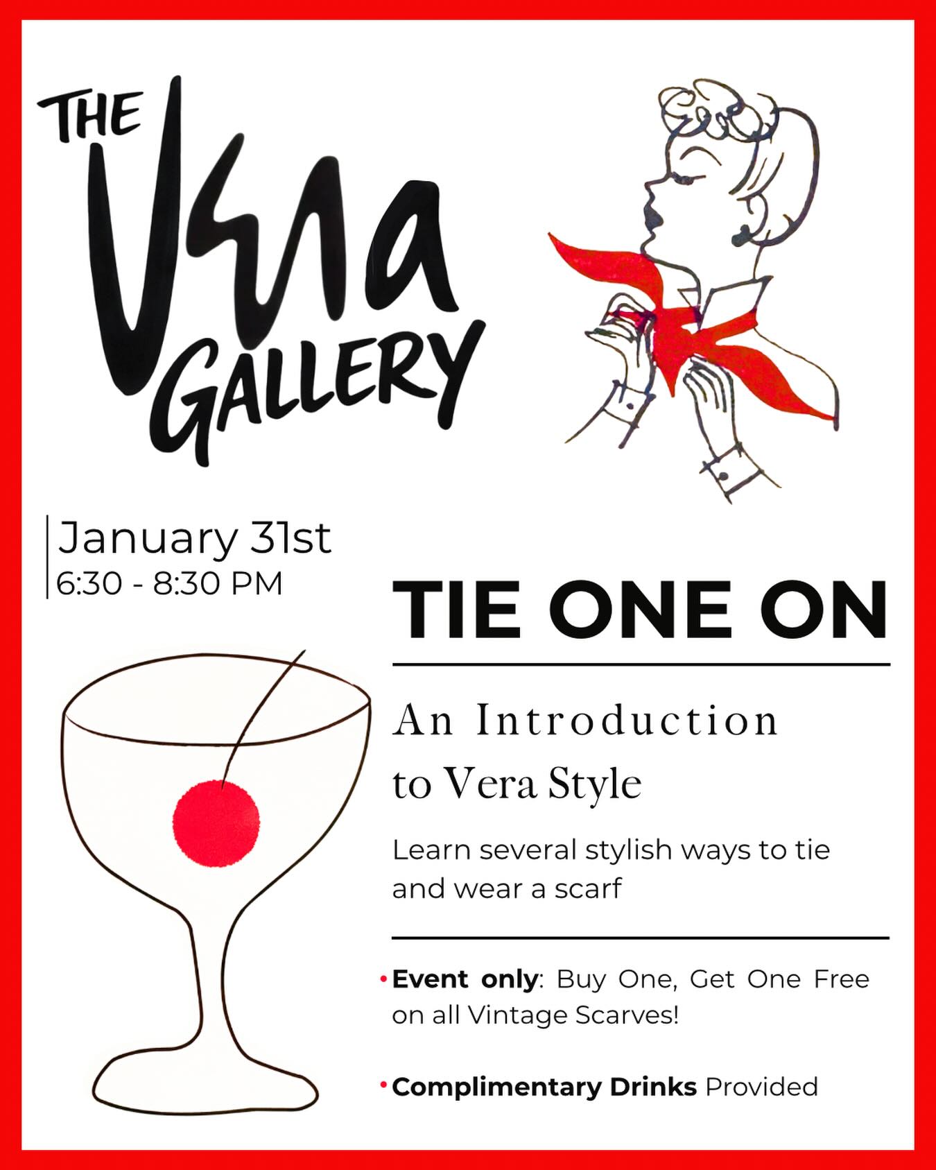 Come join us on January 31st, 6:30-8:30 for a free admission, special event, Tie One On! 🐞
In the heart of Georgetown, learn several stylish ways to tie and wear a scarf at The Vera Gallery.
* Event-only special: Buy One, Get One Free on all vintage scarves.
* Complimentary drinks provided.
#veraneumann #shopsmall #georgetowntx #art #midcentury
